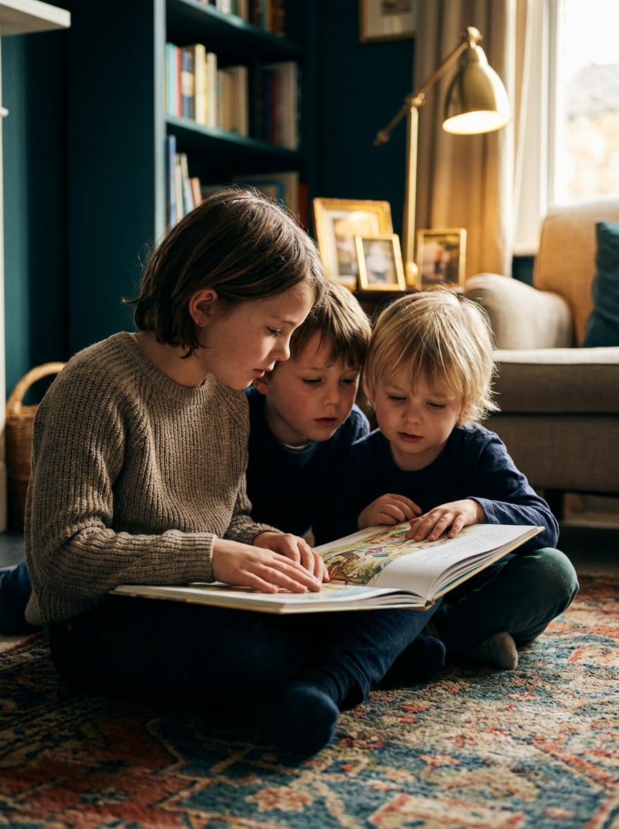 Tres niños de distintas edades miran juntos un libro sobre una alfombra