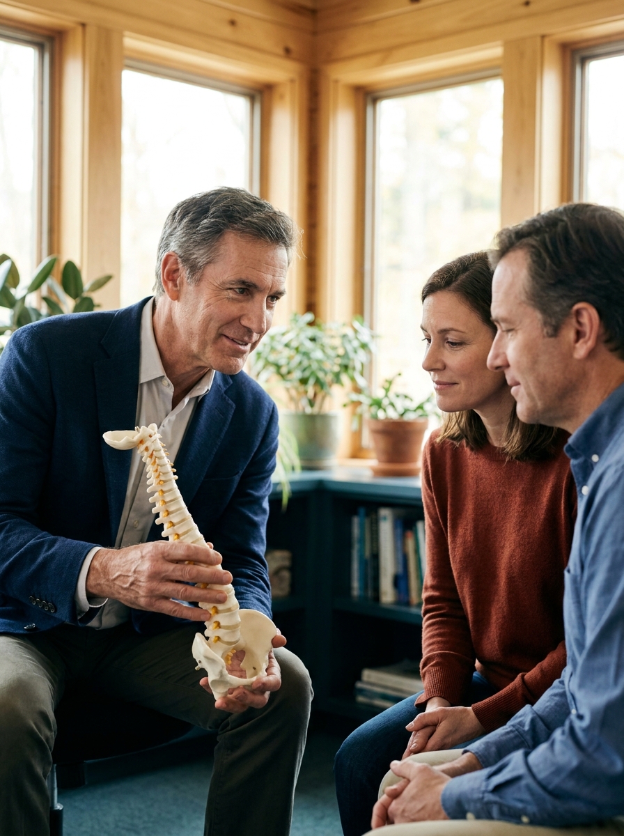 Un médico da explicaciones a dos padres con un modelo de columna vertebral