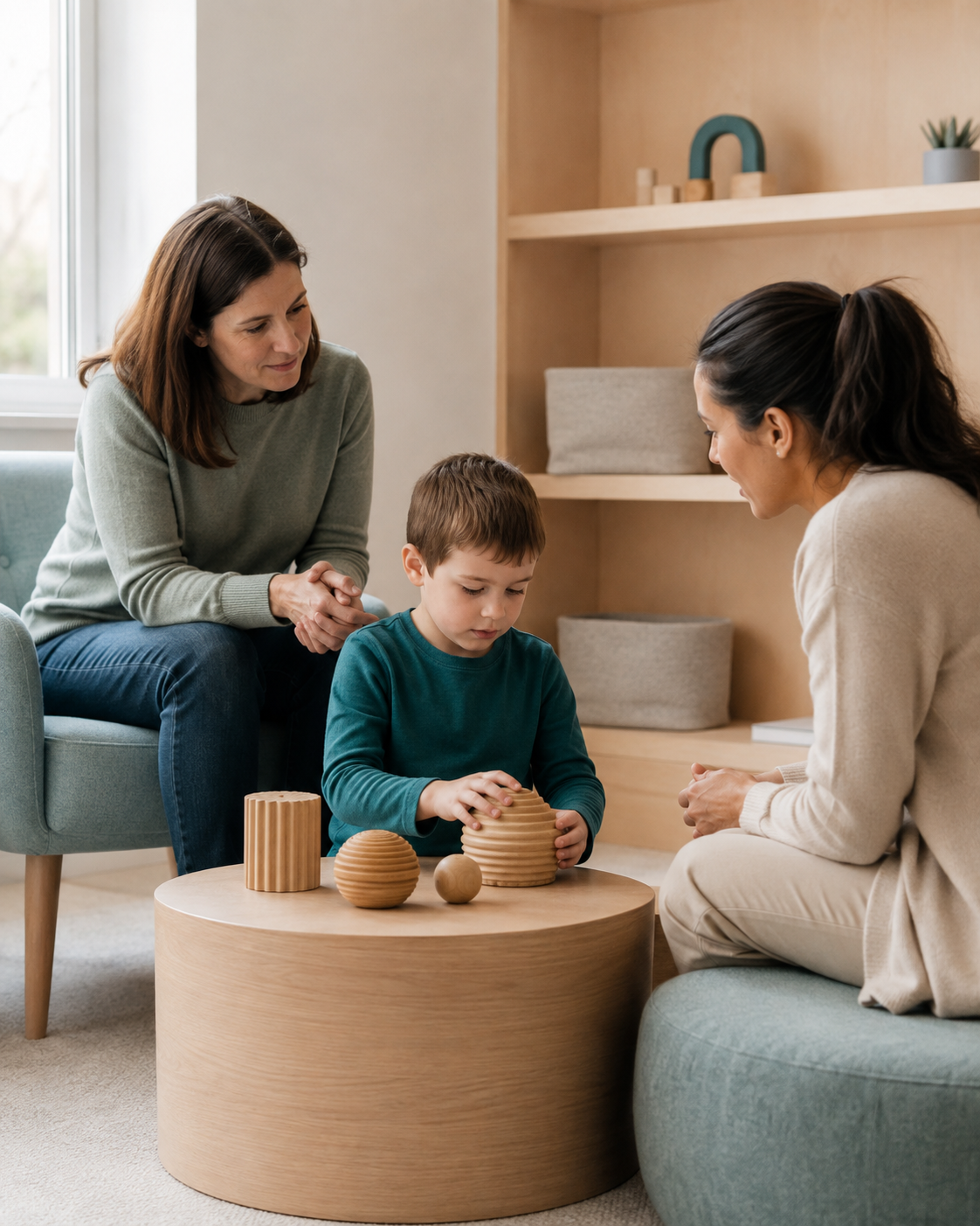 Representative care scene of a child exploring tactile wooden shapes while a clinician supports at eye level and a parent observes in a sensory-friendly room.