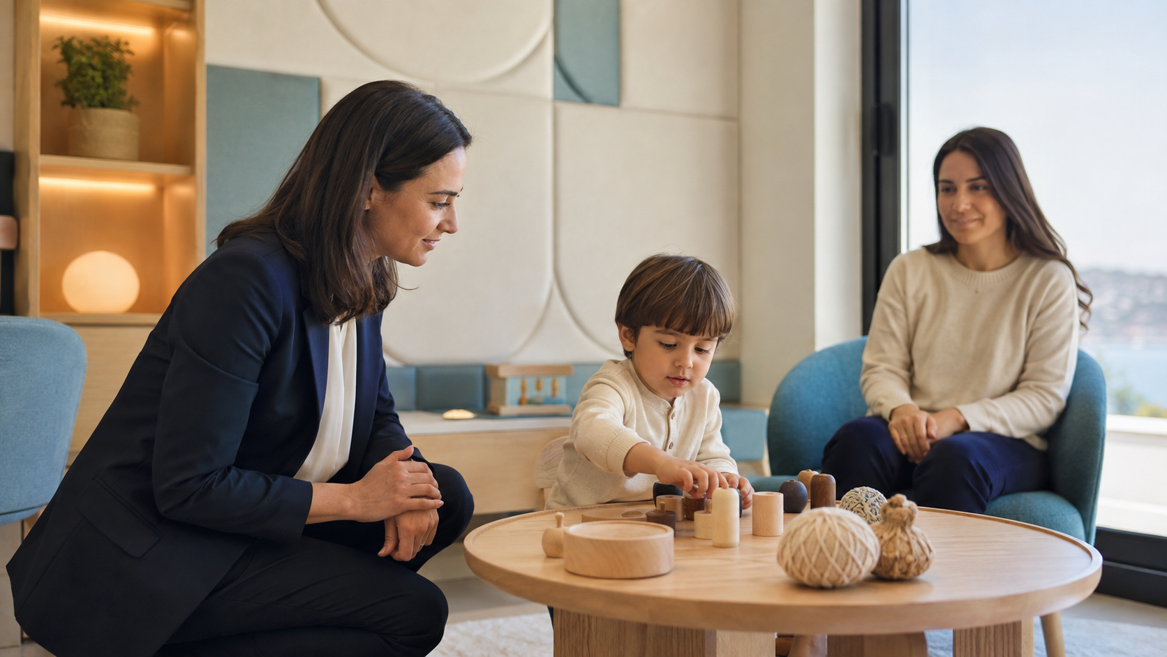 Uno specialista che osserva le risposte di un bambino durante una valutazione dell'elaborazione sensoriale