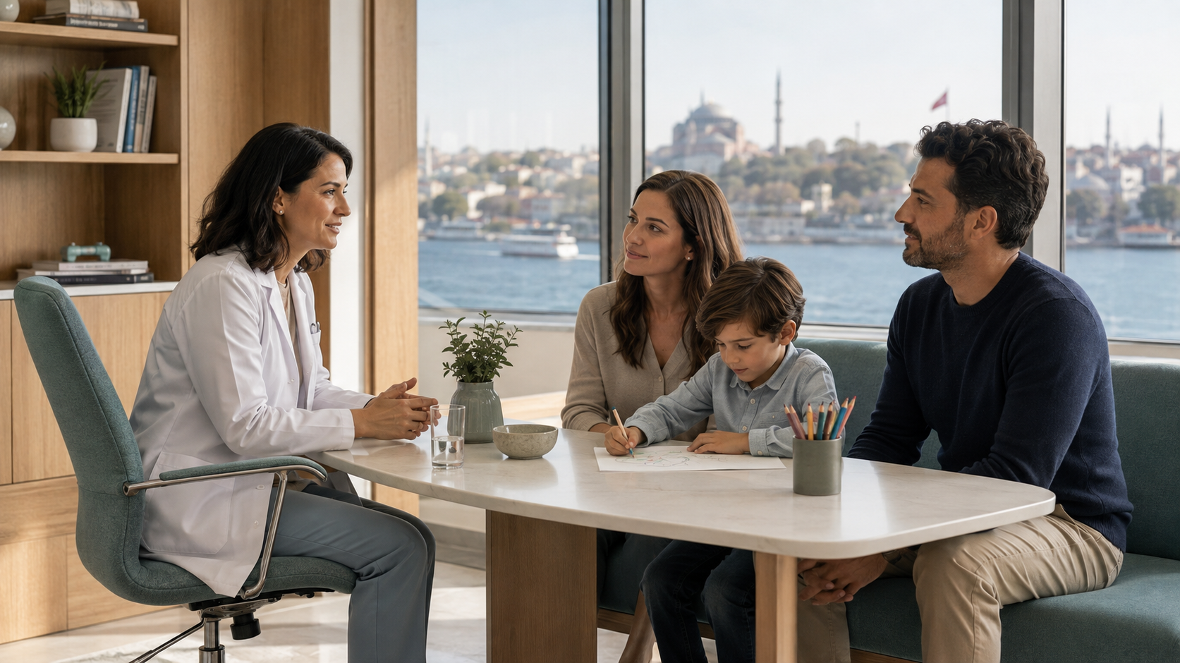 Representative family consultation in a calm Istanbul clinic while a child draws nearby.