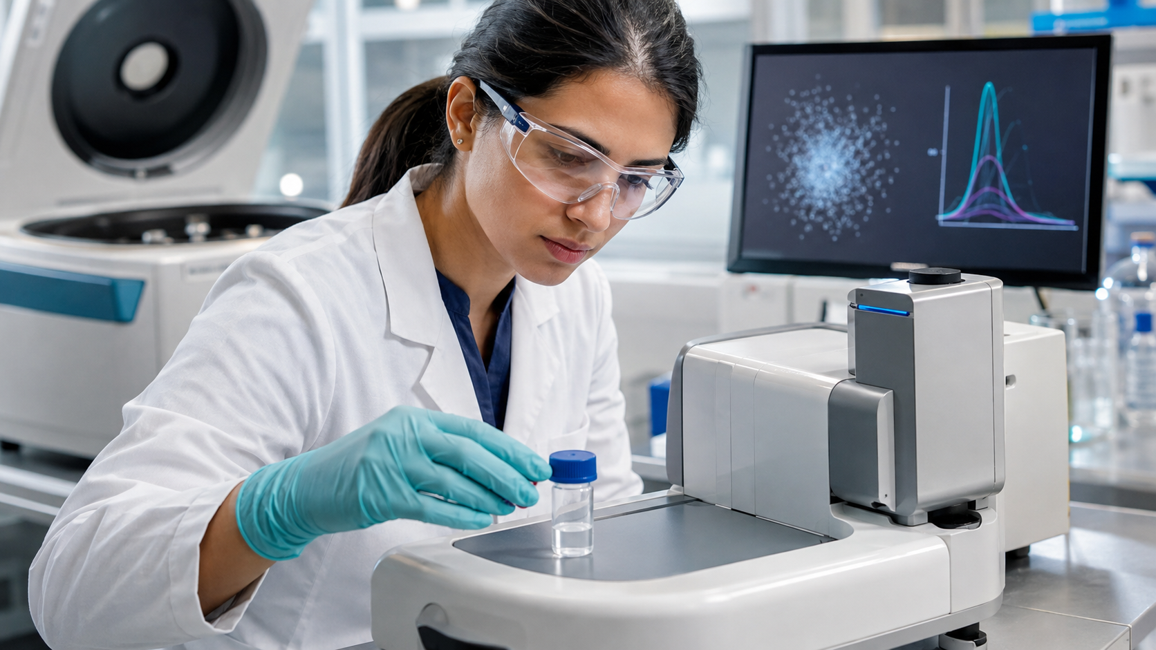 Conceptual extracellular vesicles beside a closed laboratory characterization system.
