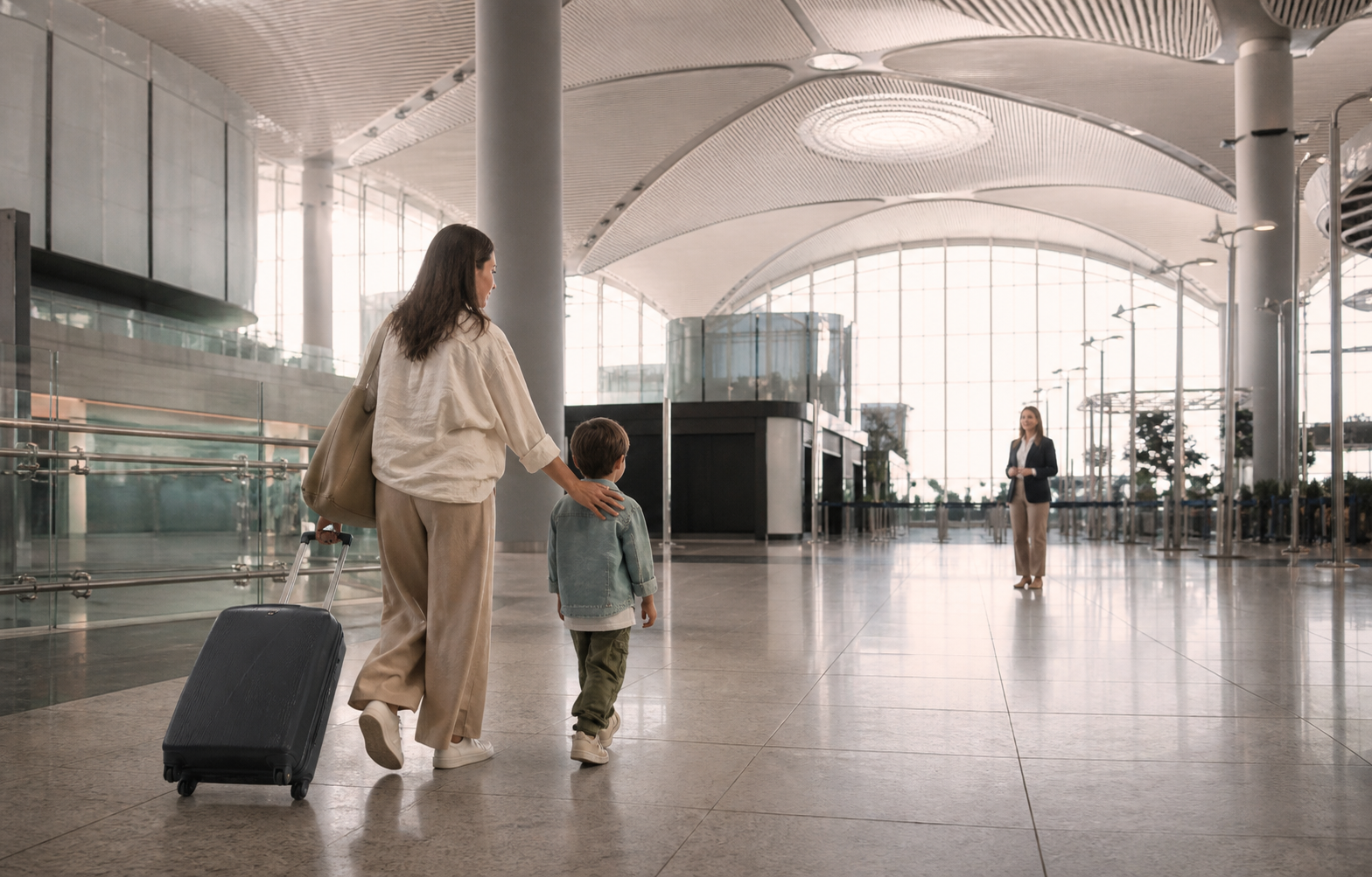 A parent and child arriving through a bright international airport concourse as a coordinator waits ahead.