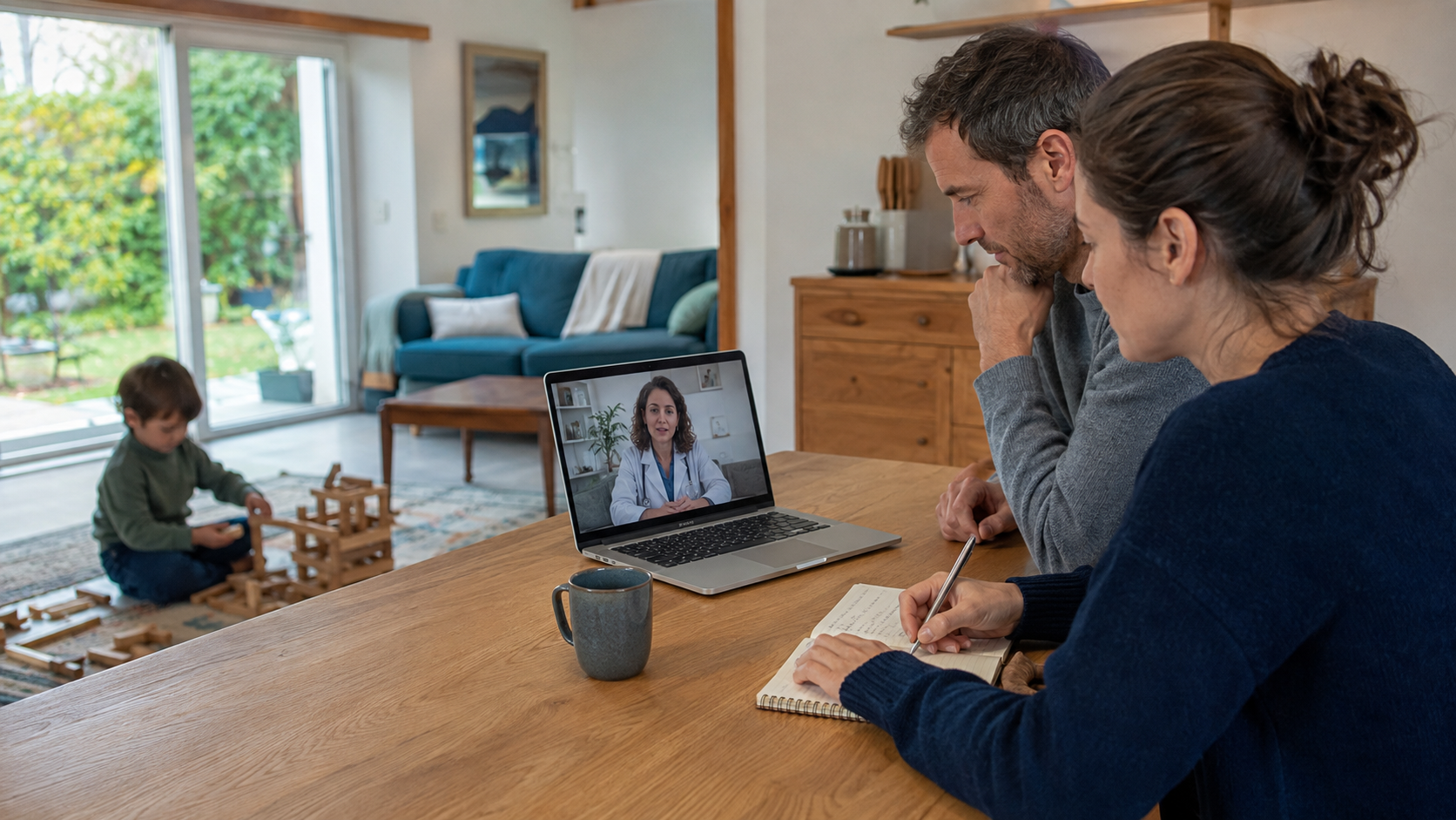 Een gezin neemt vanuit huis deel aan een vervolgvideoconsult met de kliniek