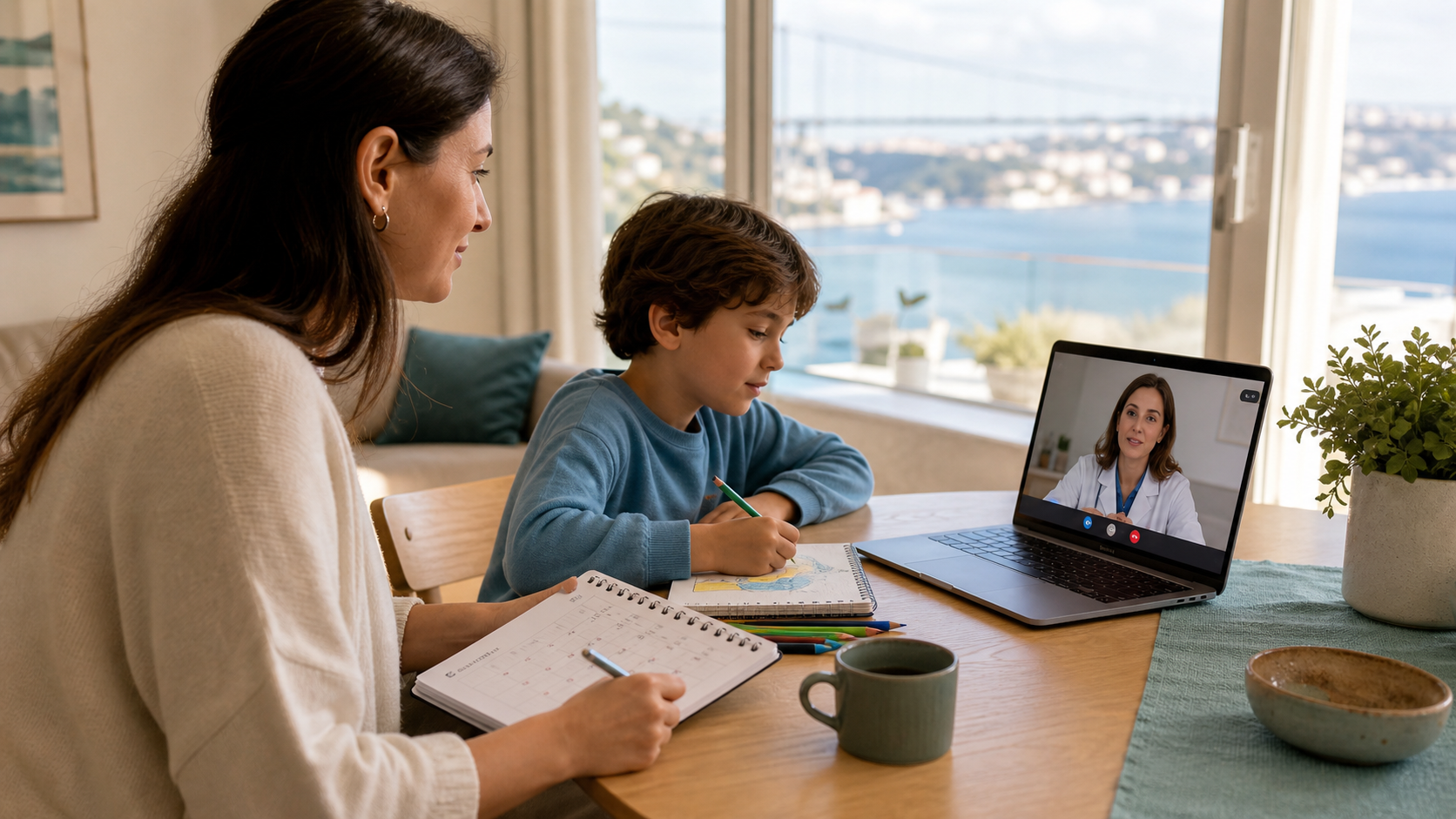Representative parent and child joining a clinician for a follow-up video consultation from home.