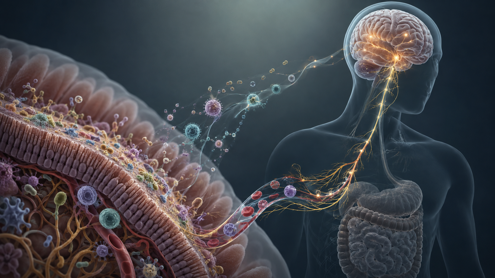 Conceptual visualization connecting the intestinal environment, immune signaling, and the brain.