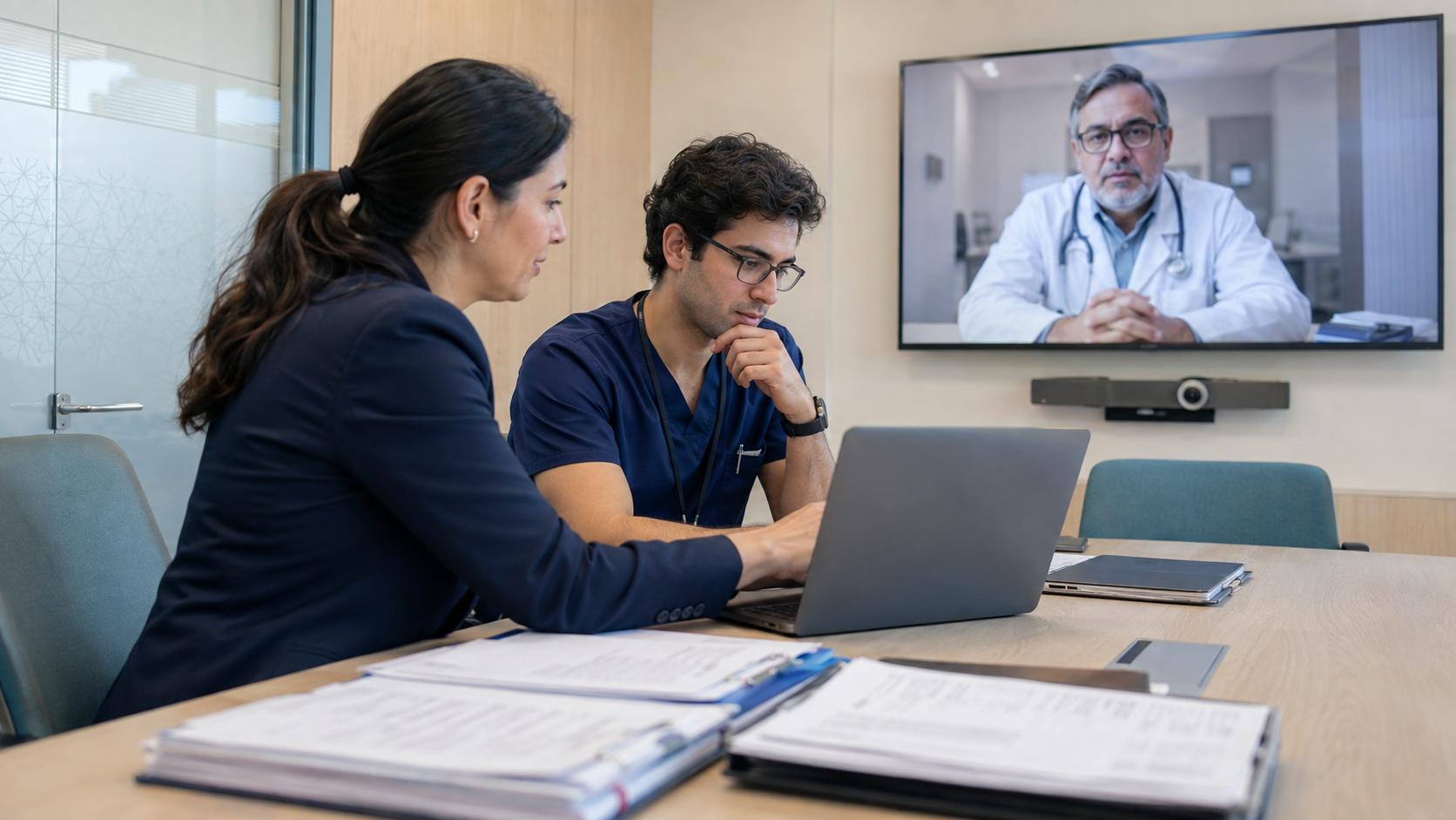 Un clinicien examinant le dossier médical d'un enfant avec ses parents lors d'un examen de cas international