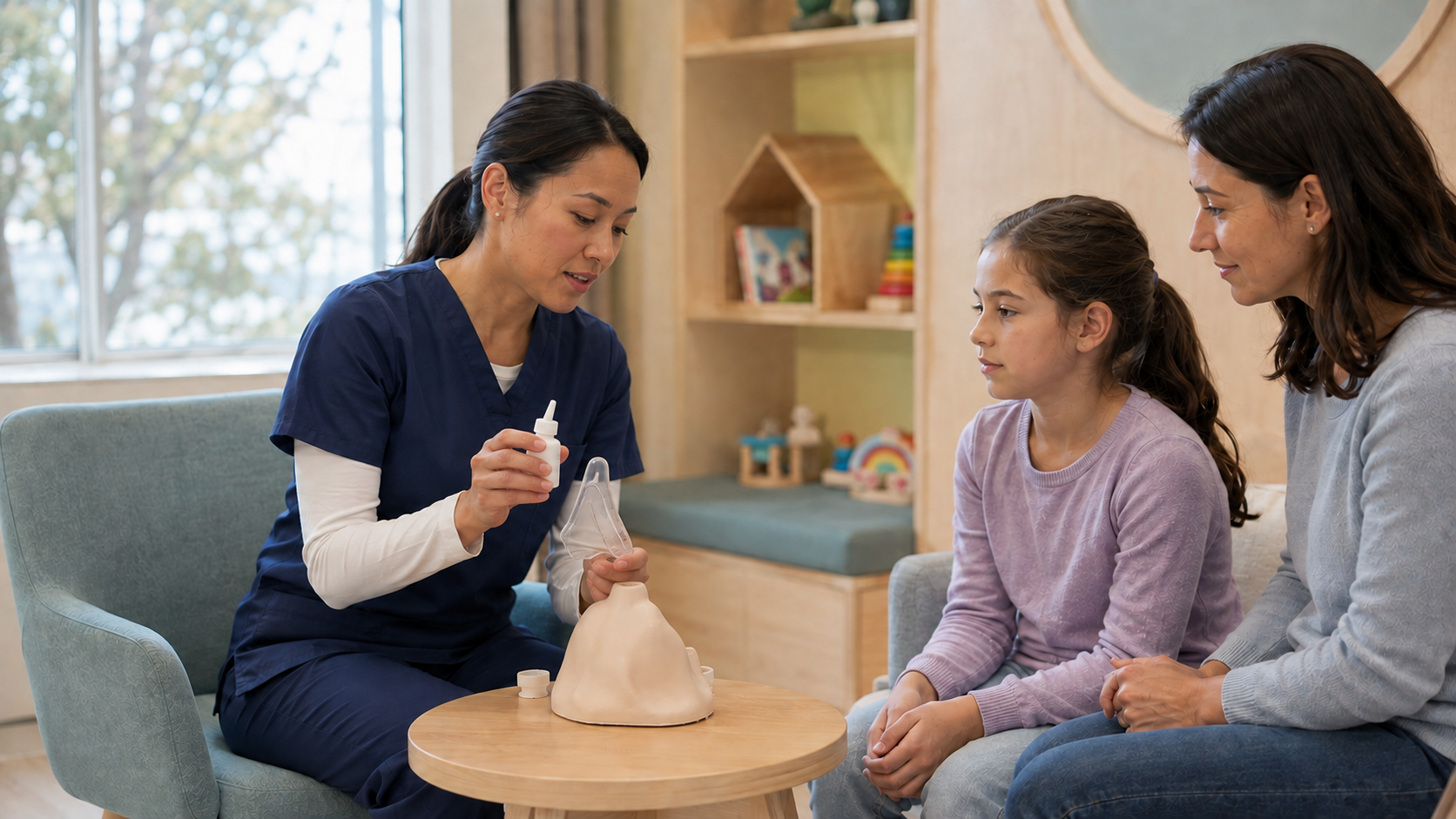 Representative clinician demonstrating a needle-free nasal spray bottle and training model to a parent and child.