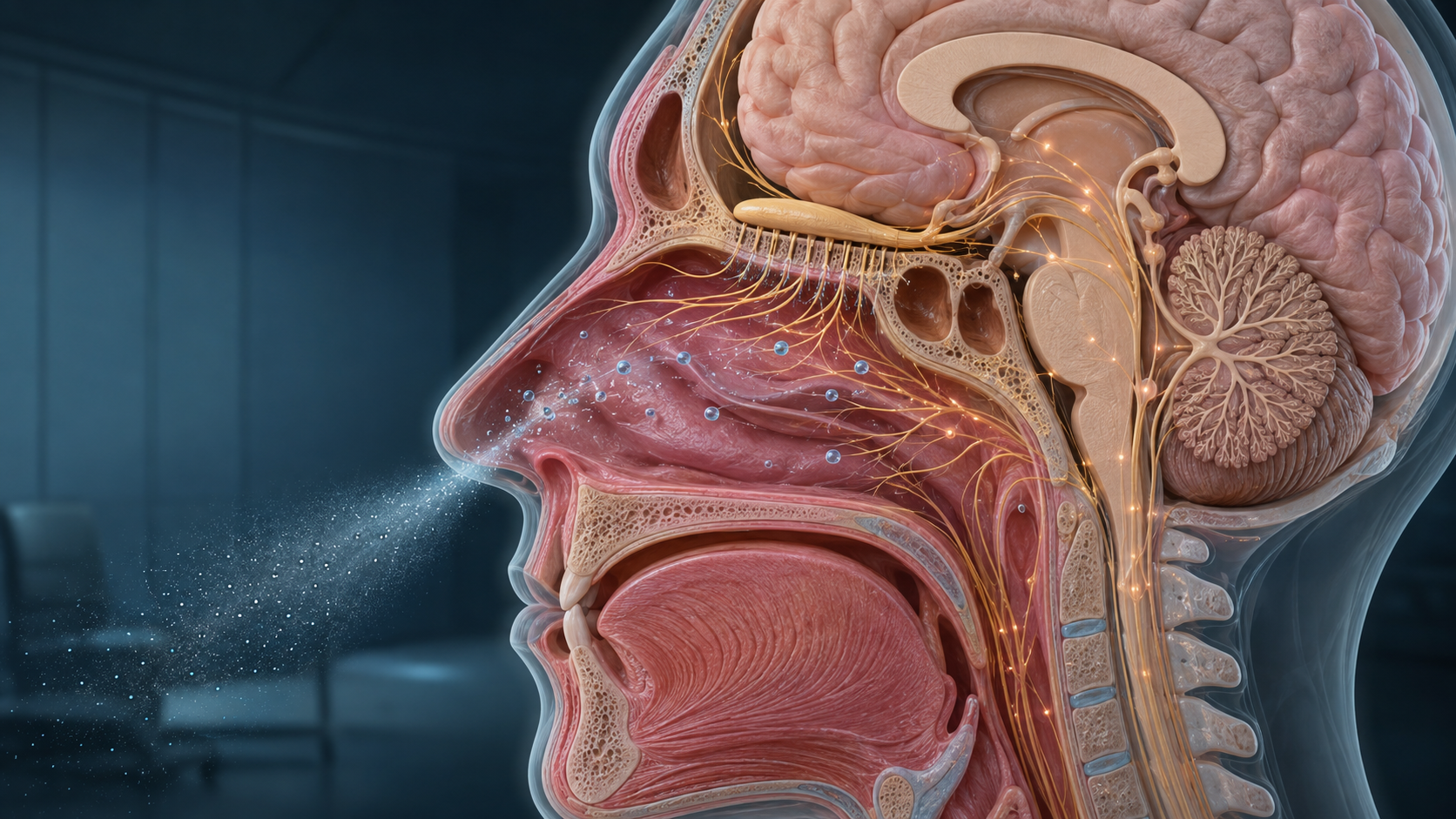 Conceptual sagittal anatomy showing the nasal cavity and nearby neural structures.