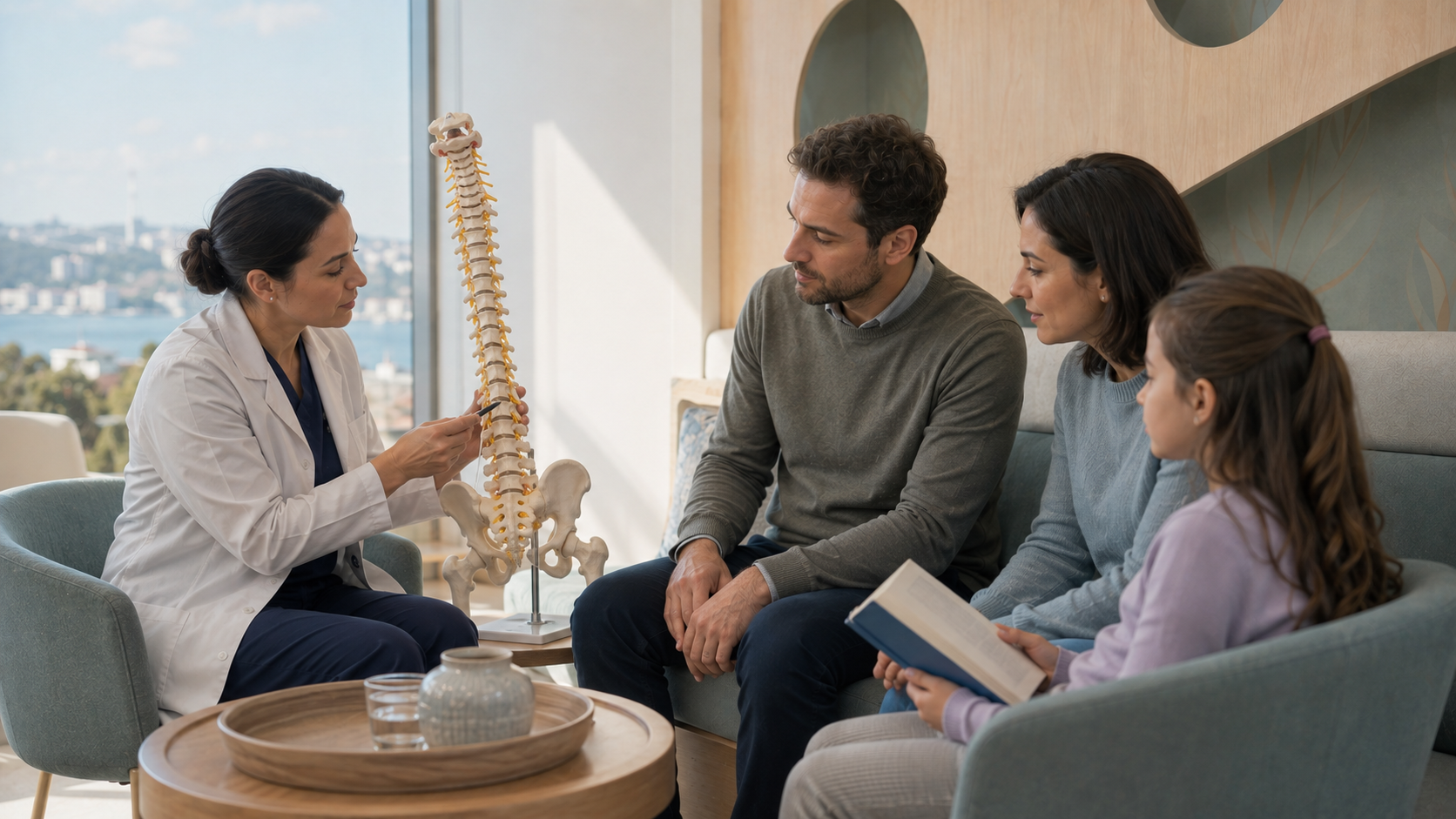 Representative physician using a spine model to explain an intrathecal route during a family consultation.