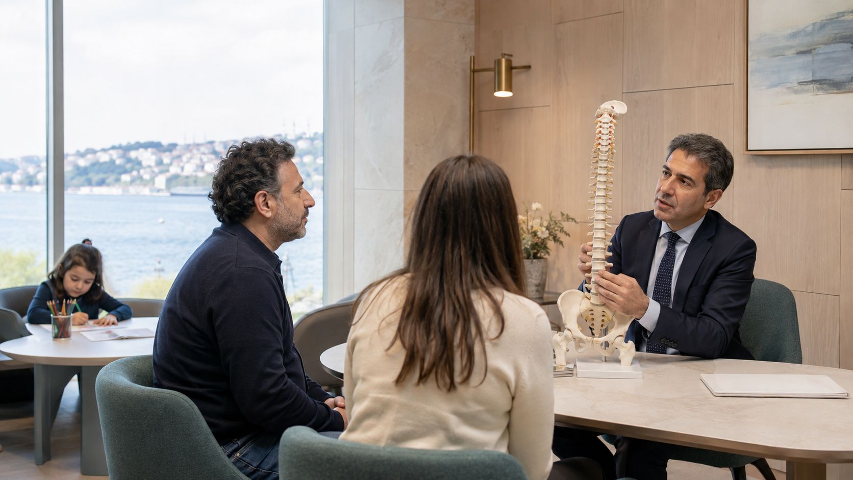 A specialist explaining intrathecal administration to parents using an anatomical diagram
