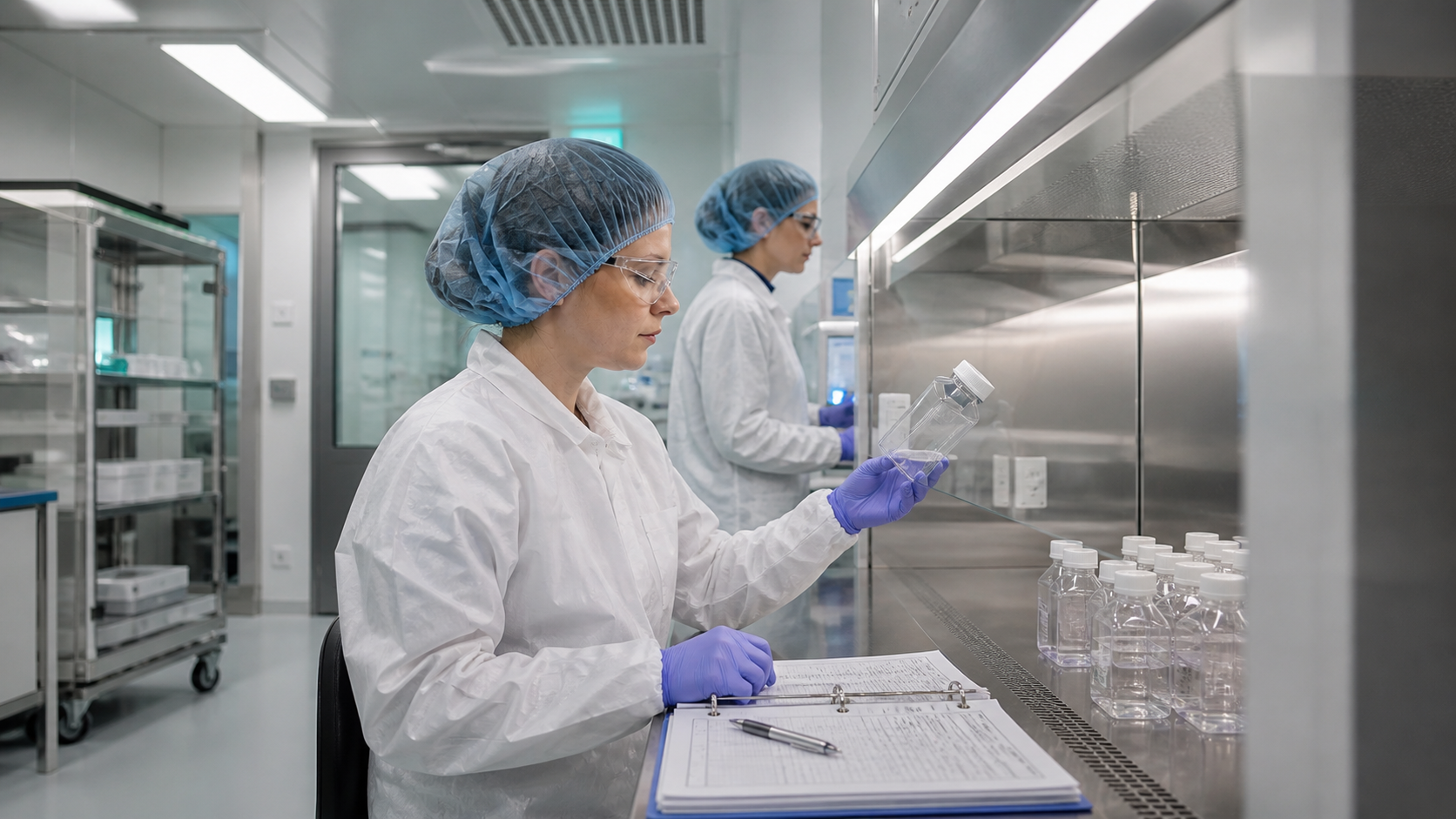 Representative laboratory quality-control scene with two scientists working at a biosafety cabinet.