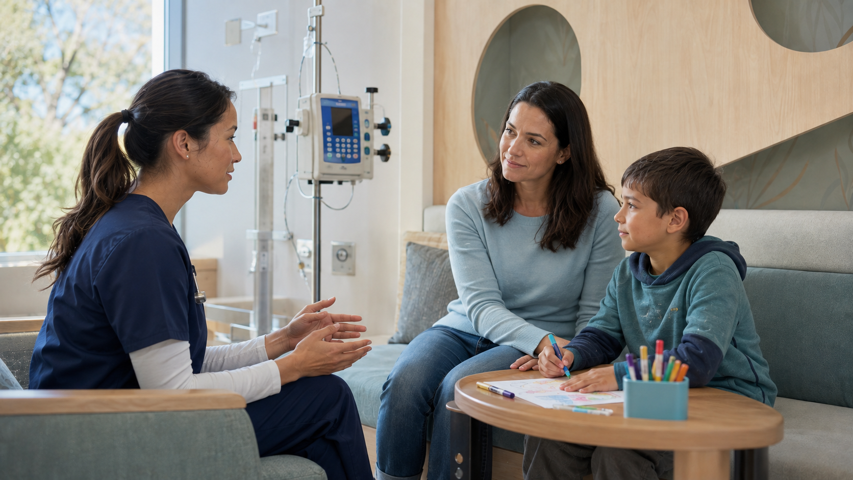 Representative pediatric infusion planning scene with a nurse, parent, and child in a calm private room.