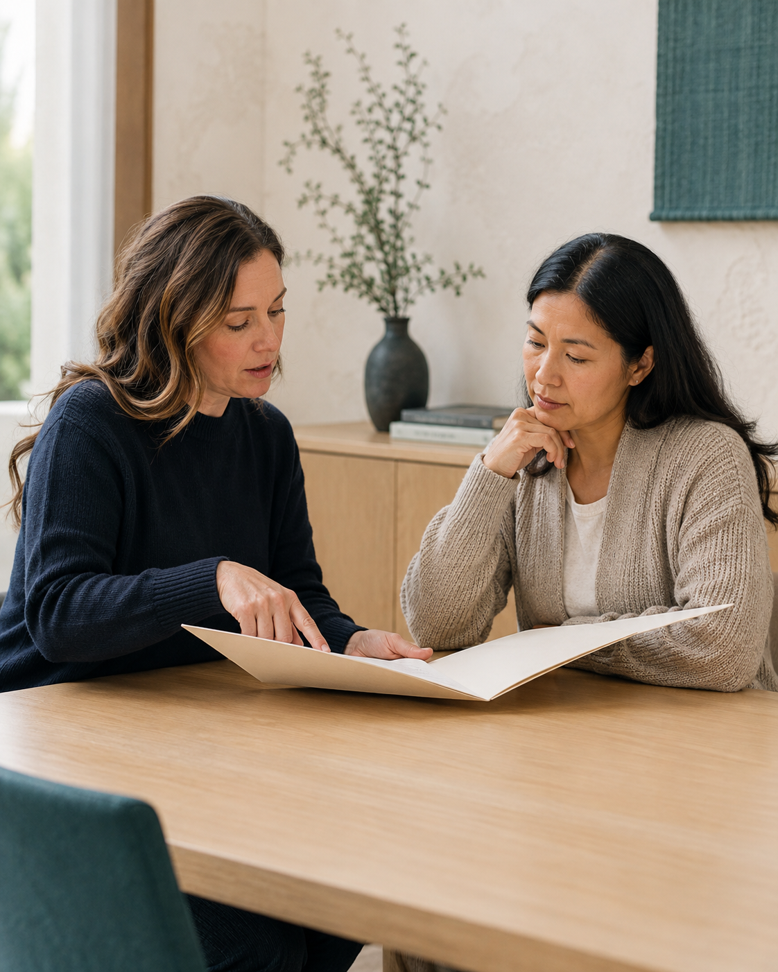 Representative care-planning scene with a coordinator and parent calmly reviewing information together at a consultation table.