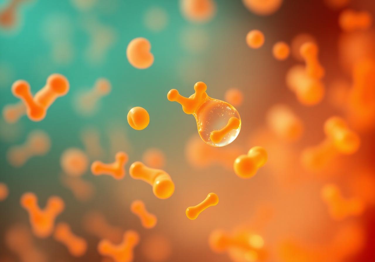 Microscopy-style abstract of healthy gut microbiota in warm amber and teal, illustrating gut-brain axis support for autism.