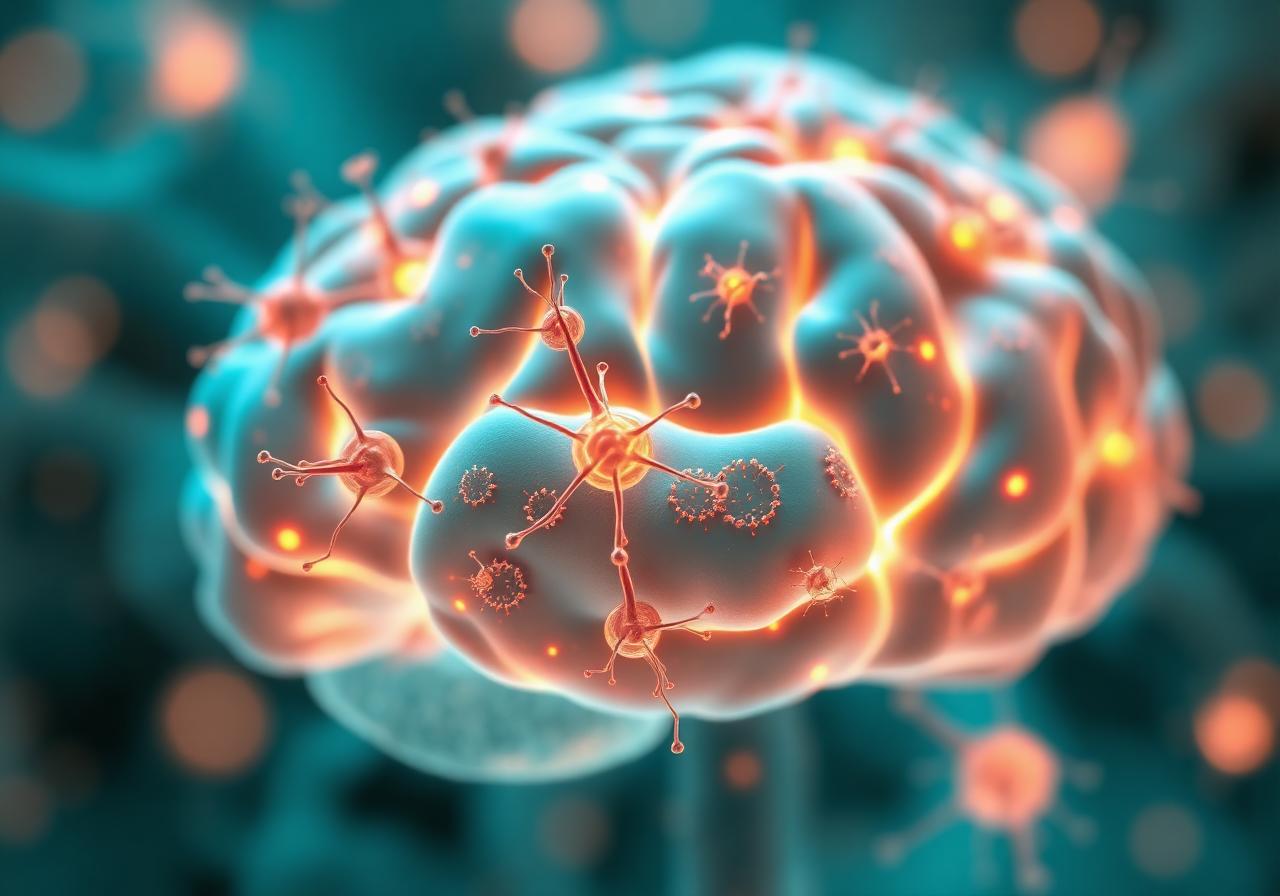 Stylized brain with glowing microglial cells in teal and warm amber, illustrating neuroinflammation in autism and regenerative support.