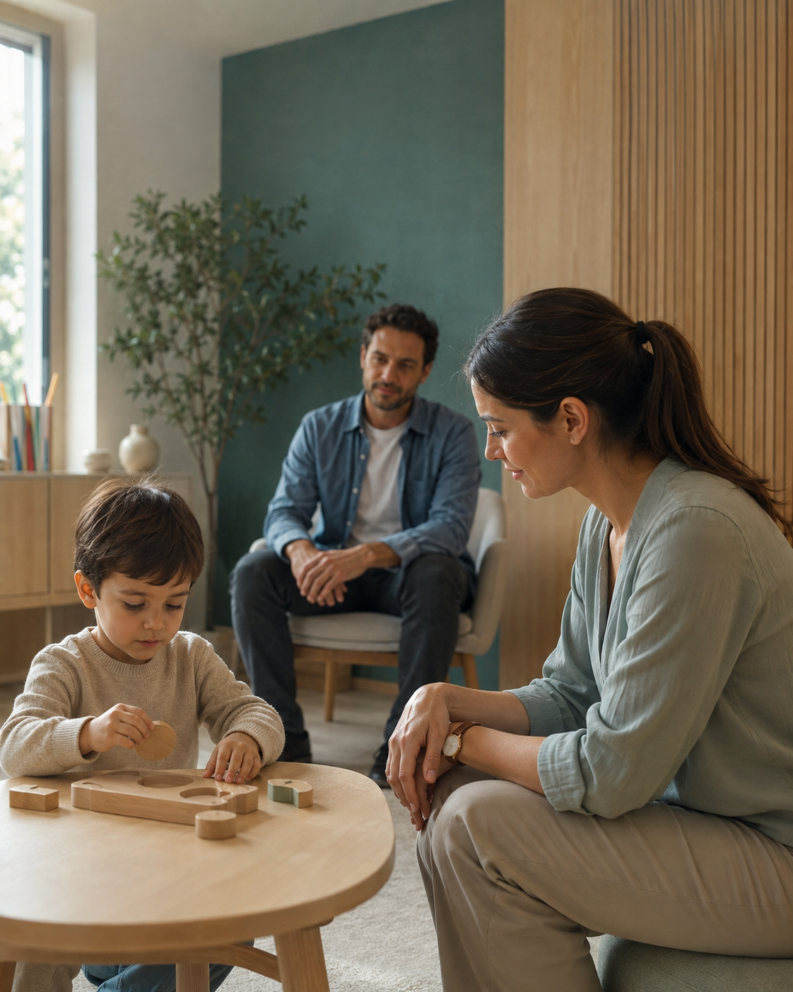 Un niño explora con calma figuras de madera táctiles mientras un profesional de pediatría lo acompaña a la altura de sus ojos y uno de sus padres observa, en una sala de la clínica tranquila y adaptada a la sensibilidad sensorial.