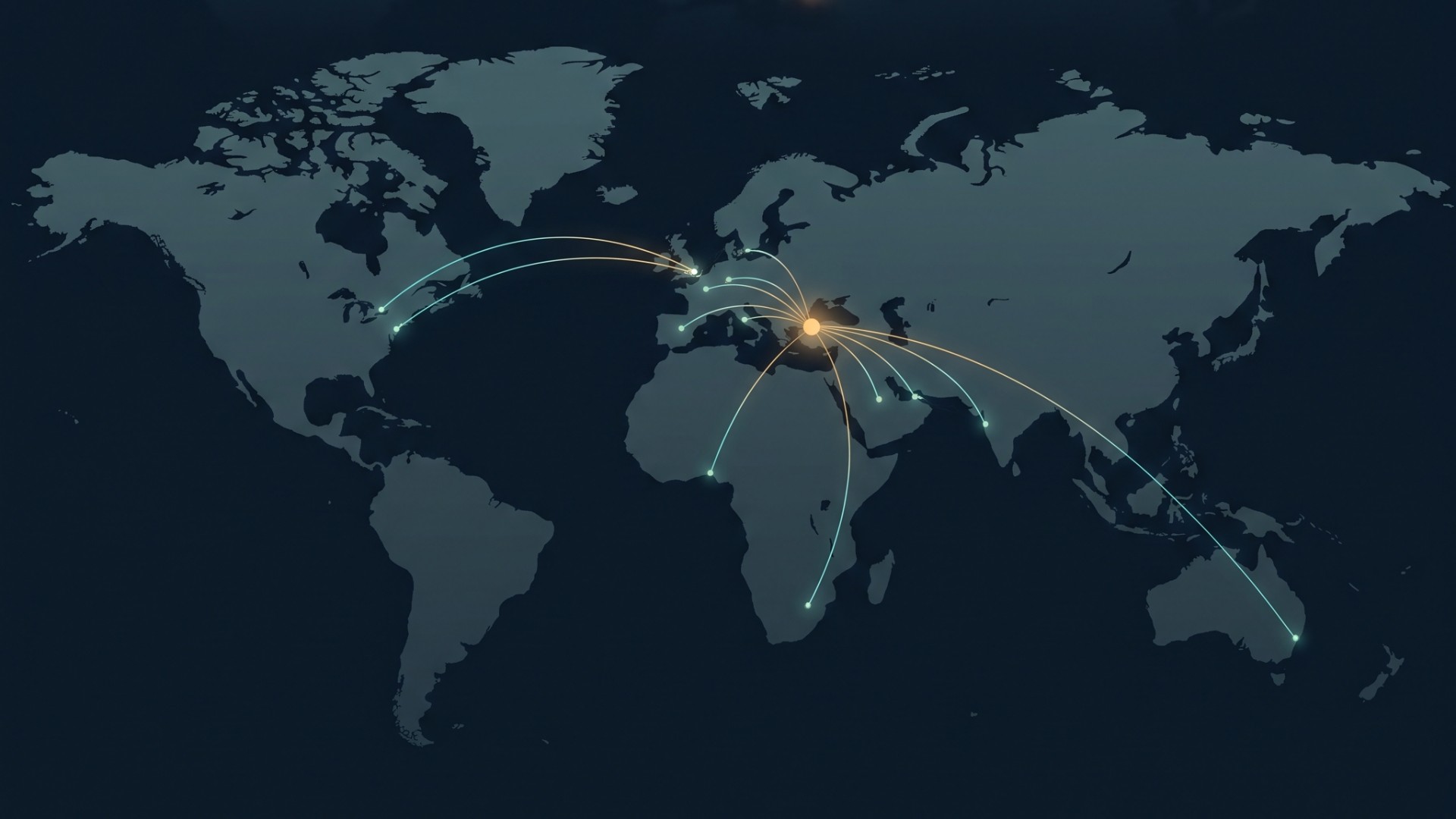Une sombre carte du monde avec des trajectoires de vol lumineuses provenant de six continents convergeant vers Istanbul