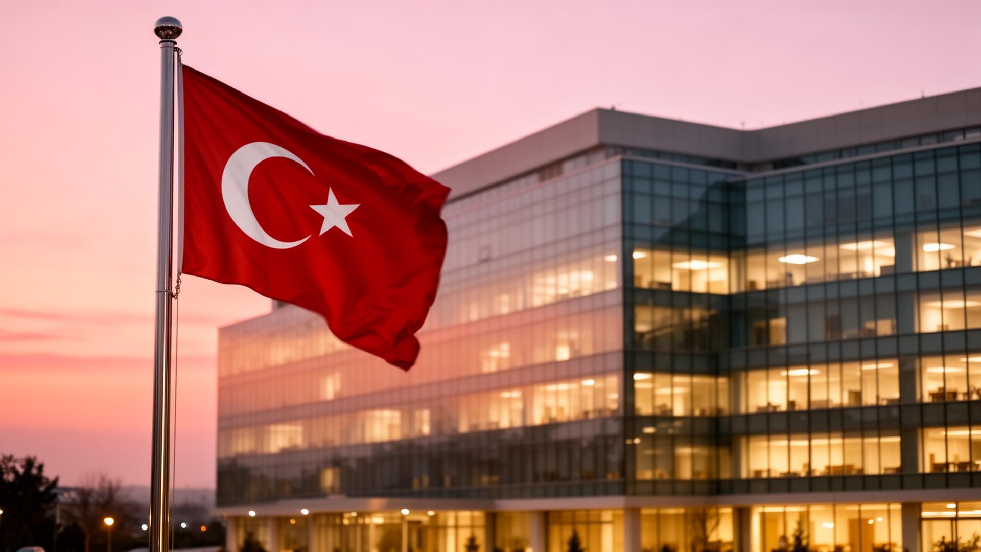Bandera turca al amanecer sobre un moderno campus médico de Estambul, símbolo de la infraestructura acreditada de Turquía para el tratamiento del autismo.