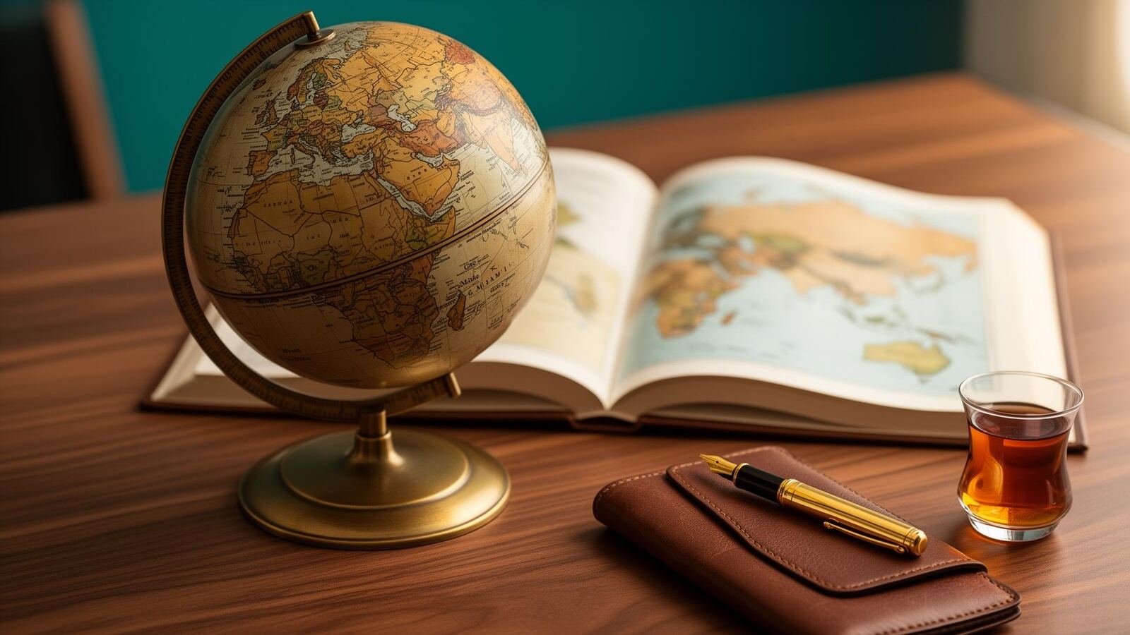 Globo terráqueo, atlas abierto por el mapa de Europa, pluma estilográfica y té turco: Autism Stem Care coordina a familias internacionales de más de 40 países.