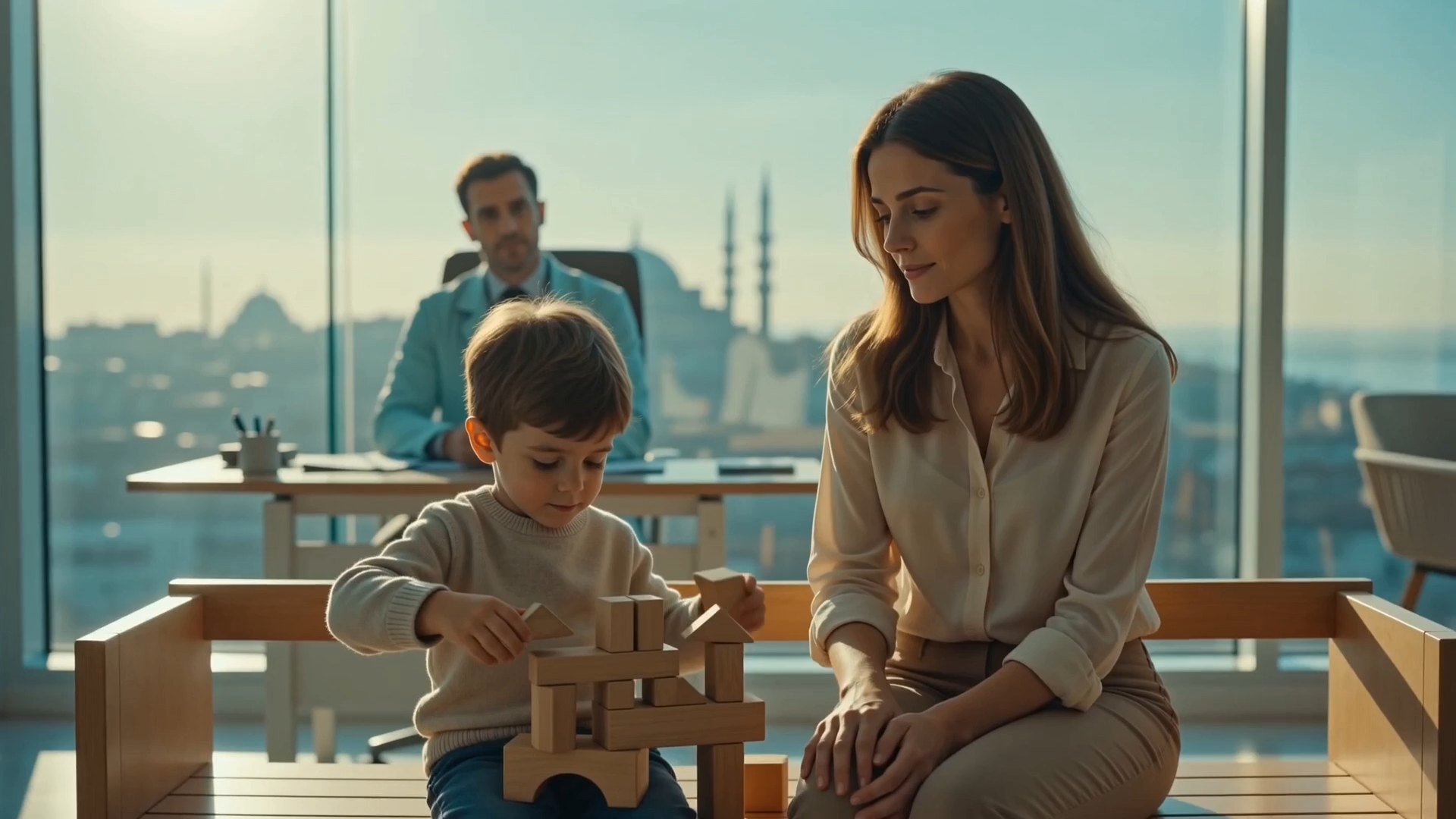 Un parent et son enfant ensemble dans un espace de consultation lumineux et calme à la clinique d'Istanbul