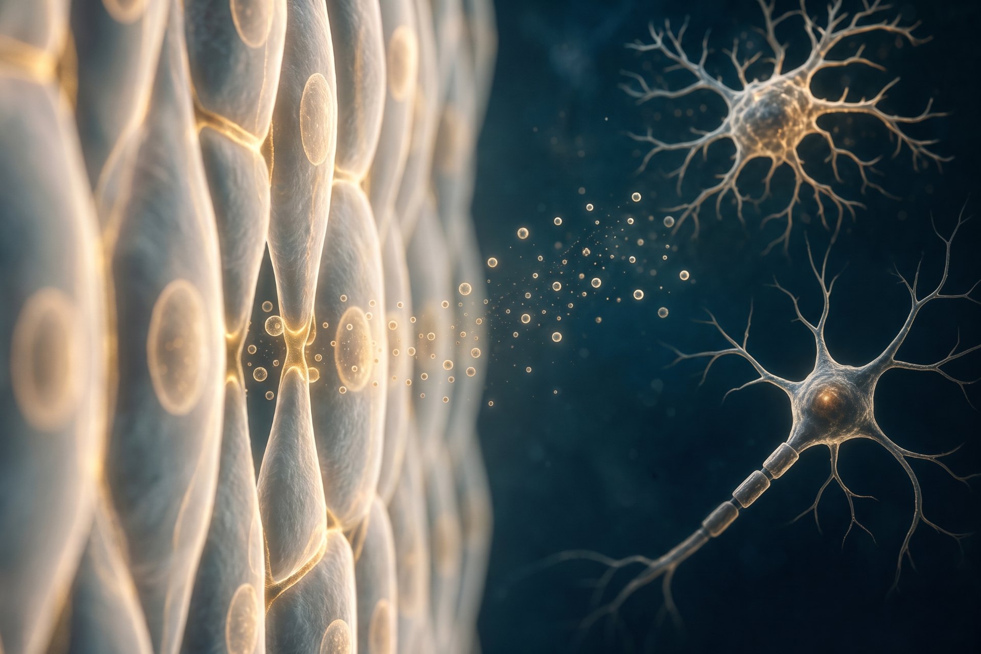 exosomes lumineux passant entre les cellules endothéliales de la barrière hémato-encéphalique vers deux neurones.