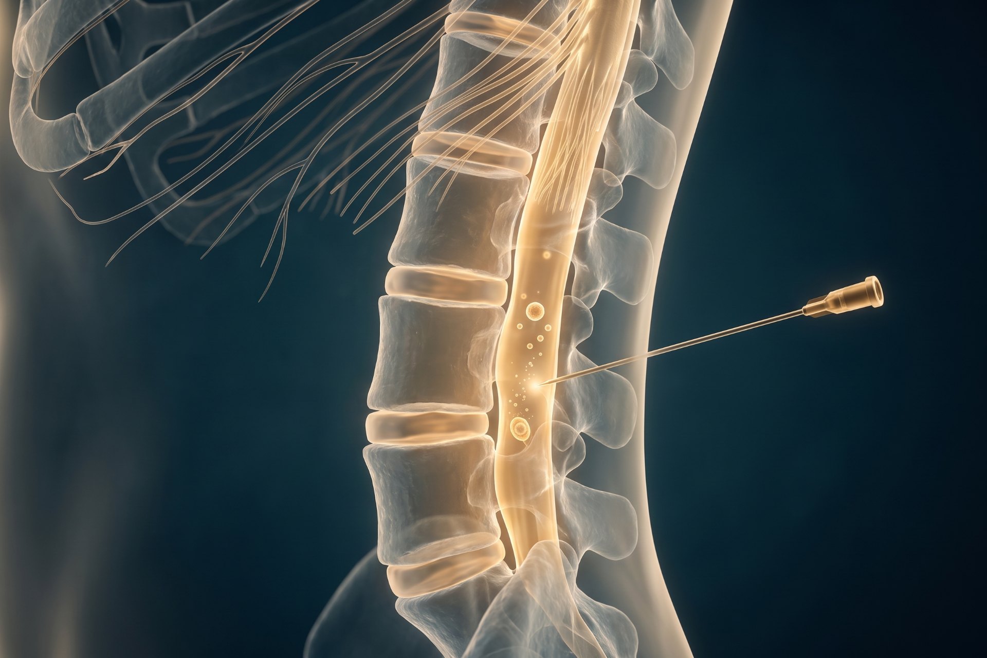 Educational illustration of an intrathecal administration route near the lower spine.