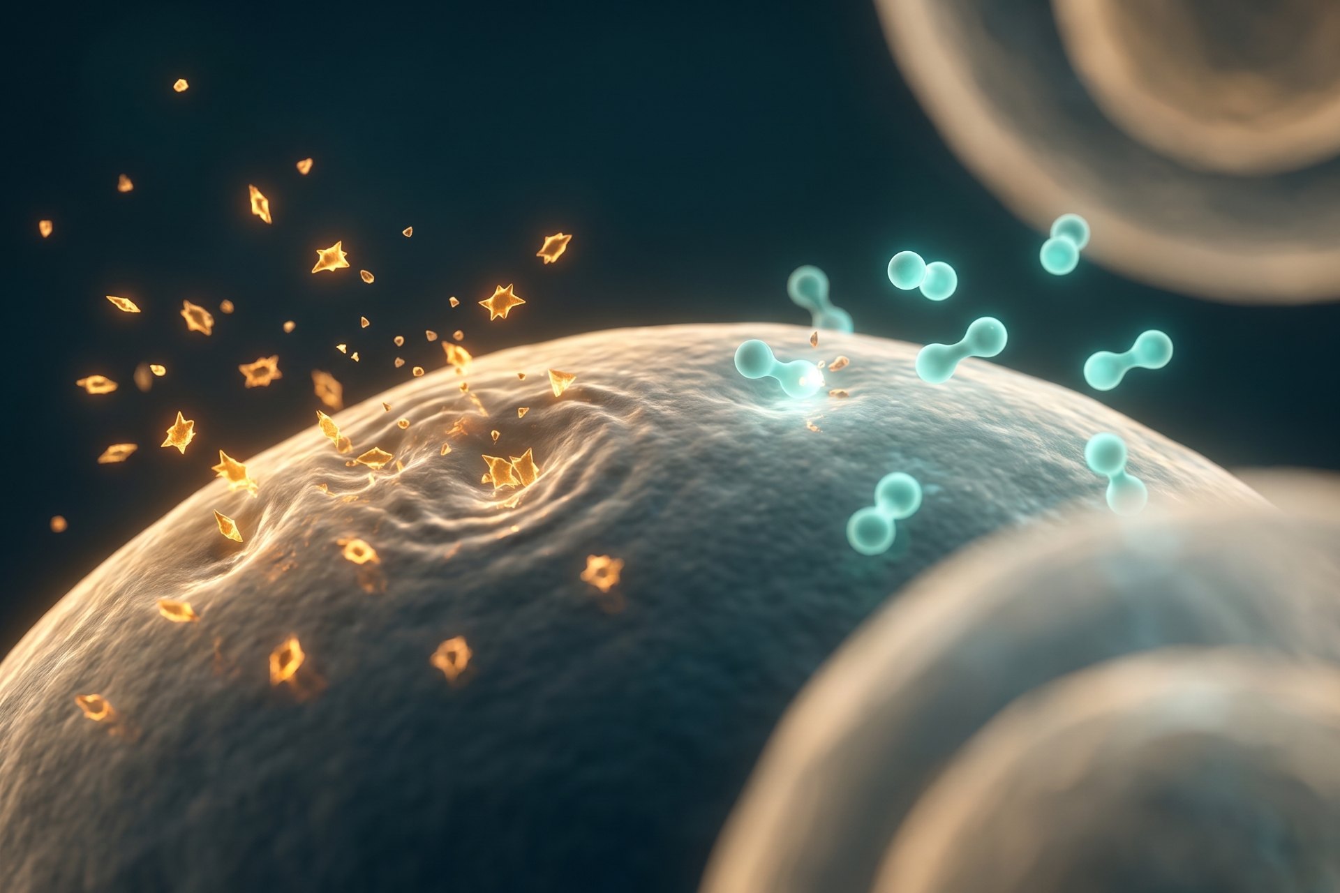 Jagged amber free-radical particles striking a cell membrane on one side while smooth teal antioxidant molecules neutralise them on the other — oxidative stress and its regulation.