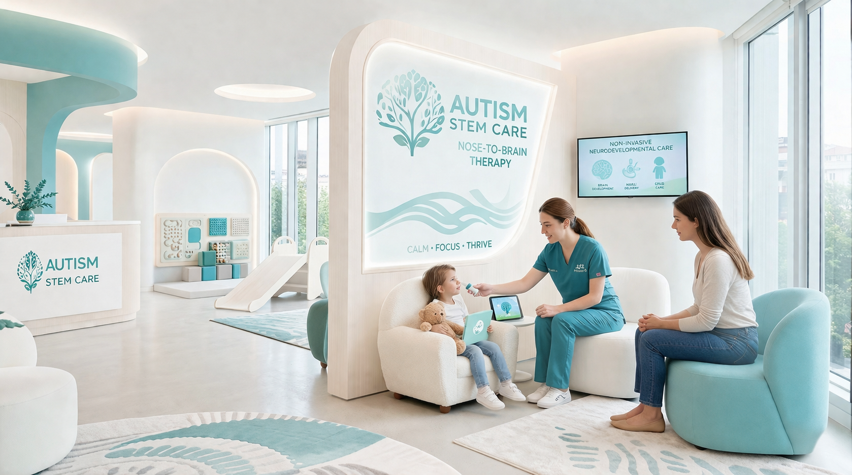 Premium pediatric clinic environment emphasizing safety and comfort for intranasal exosome therapy