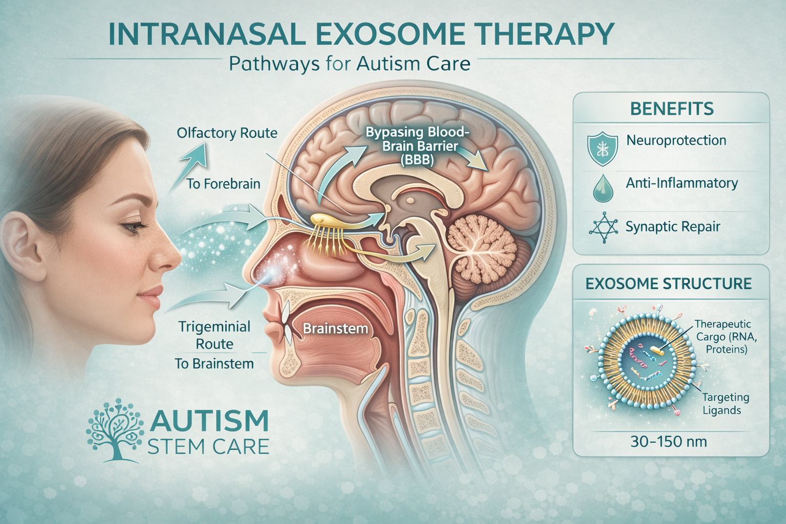 Luxury regenerative medicine brand visual for intranasal exosome therapy and autism care