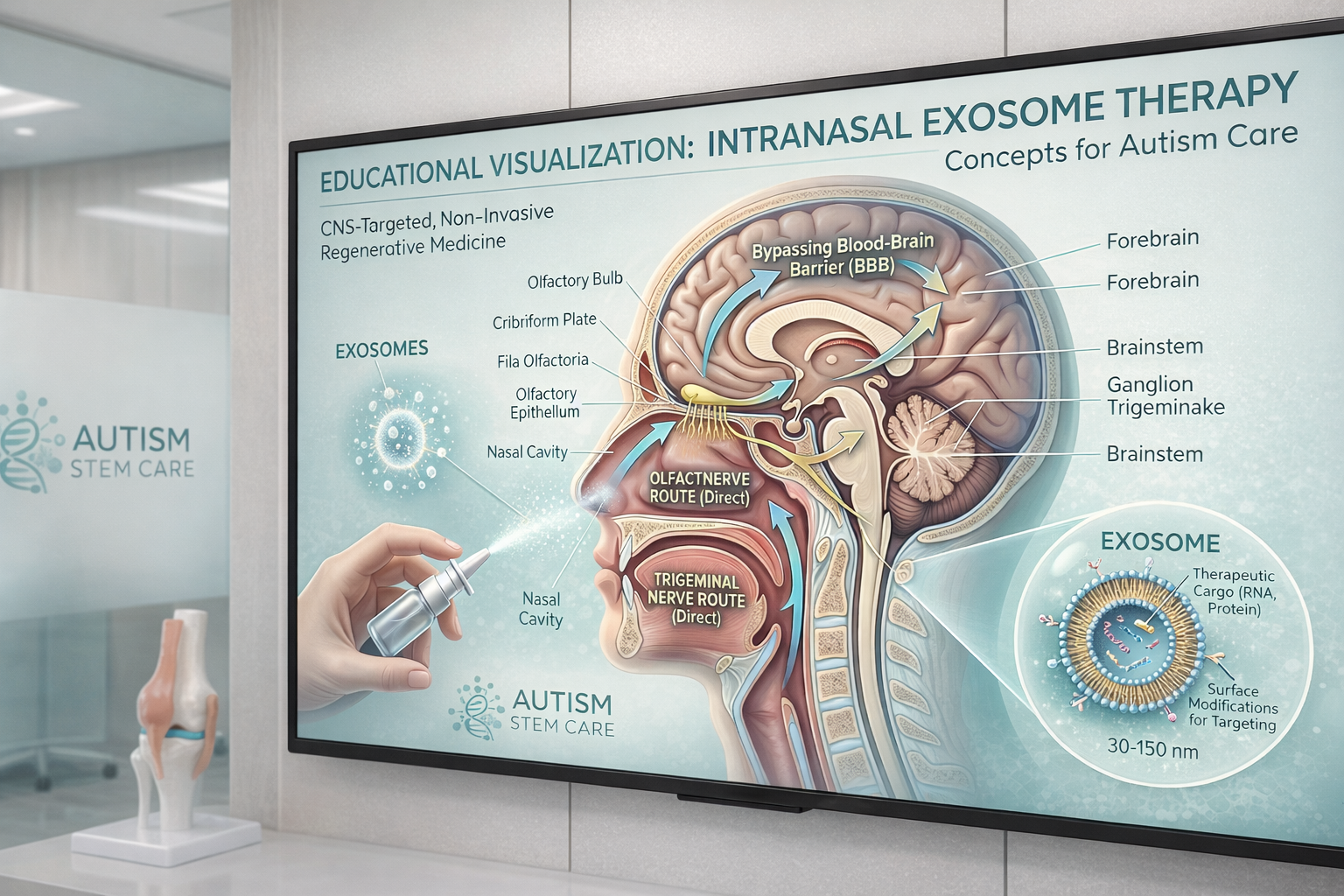 Premium consultation scene about autism neuroinflammation and intranasal exosome therapy
