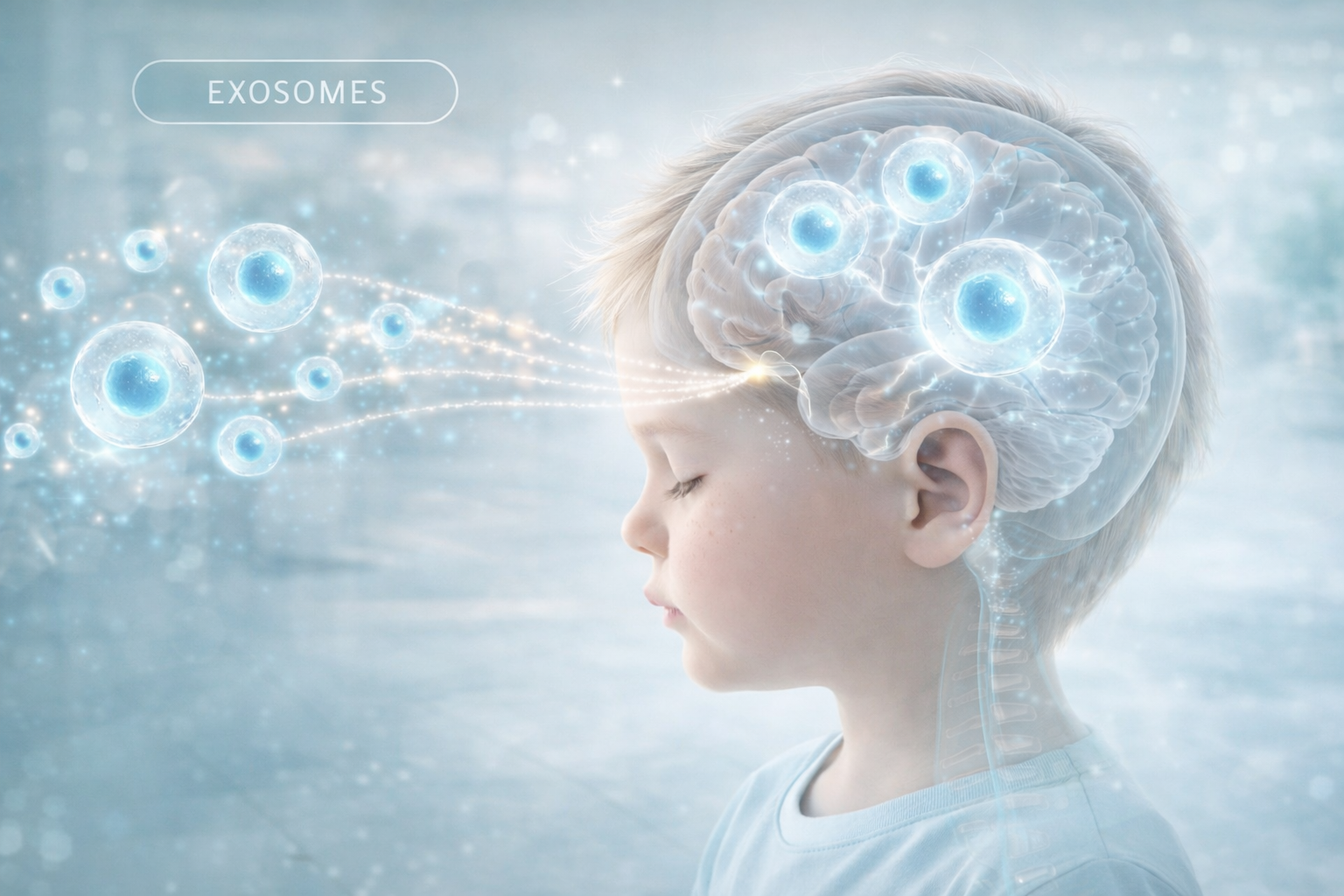 Medical illustration of exosome signaling and neurological support for autism treatment