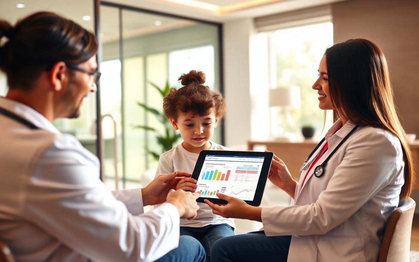 Doctor reviewing autism follow-up and monitoring progress with parents in a premium clinic