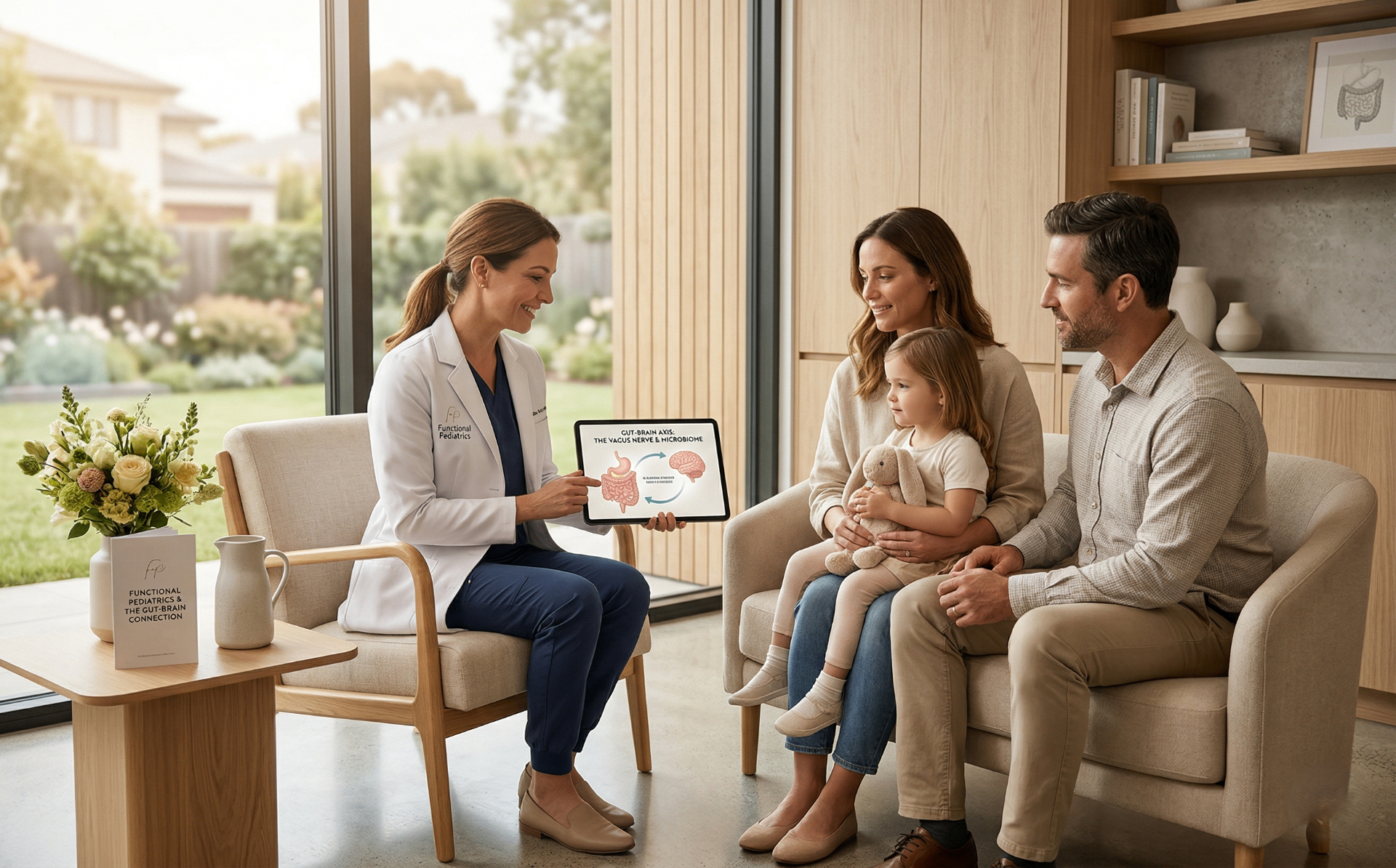 Doctor explaining the gut-brain connection to parents during a premium autism care consultation