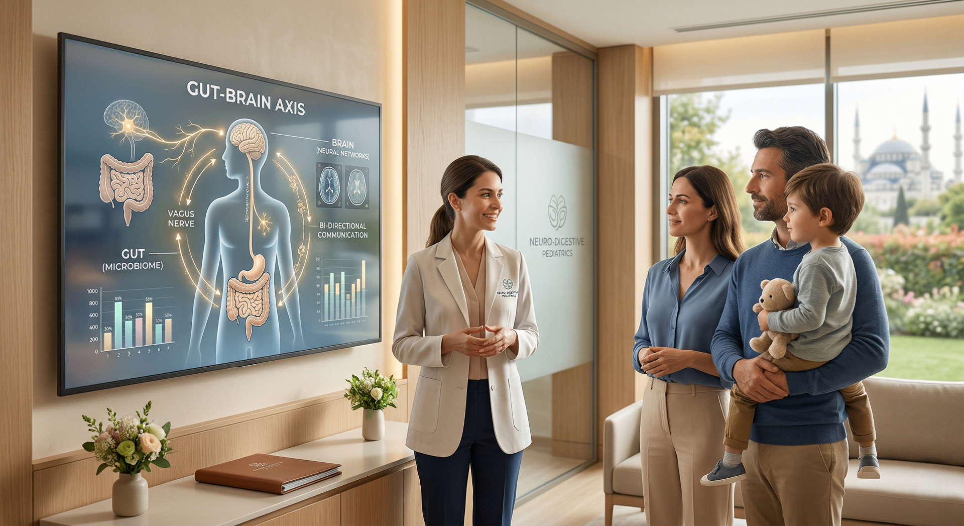 Premium medical illustration style scene of digestive and neurological support for autism