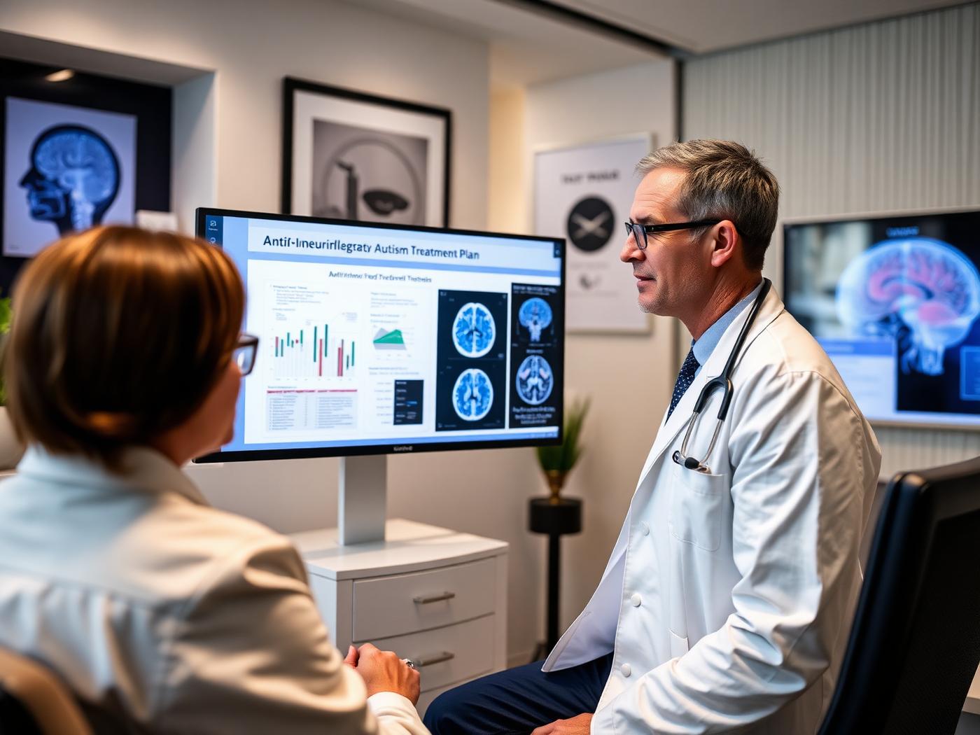 Specialist reviewing a regenerative anti-neuroinflammatory autism treatment plan in a premium clinic
