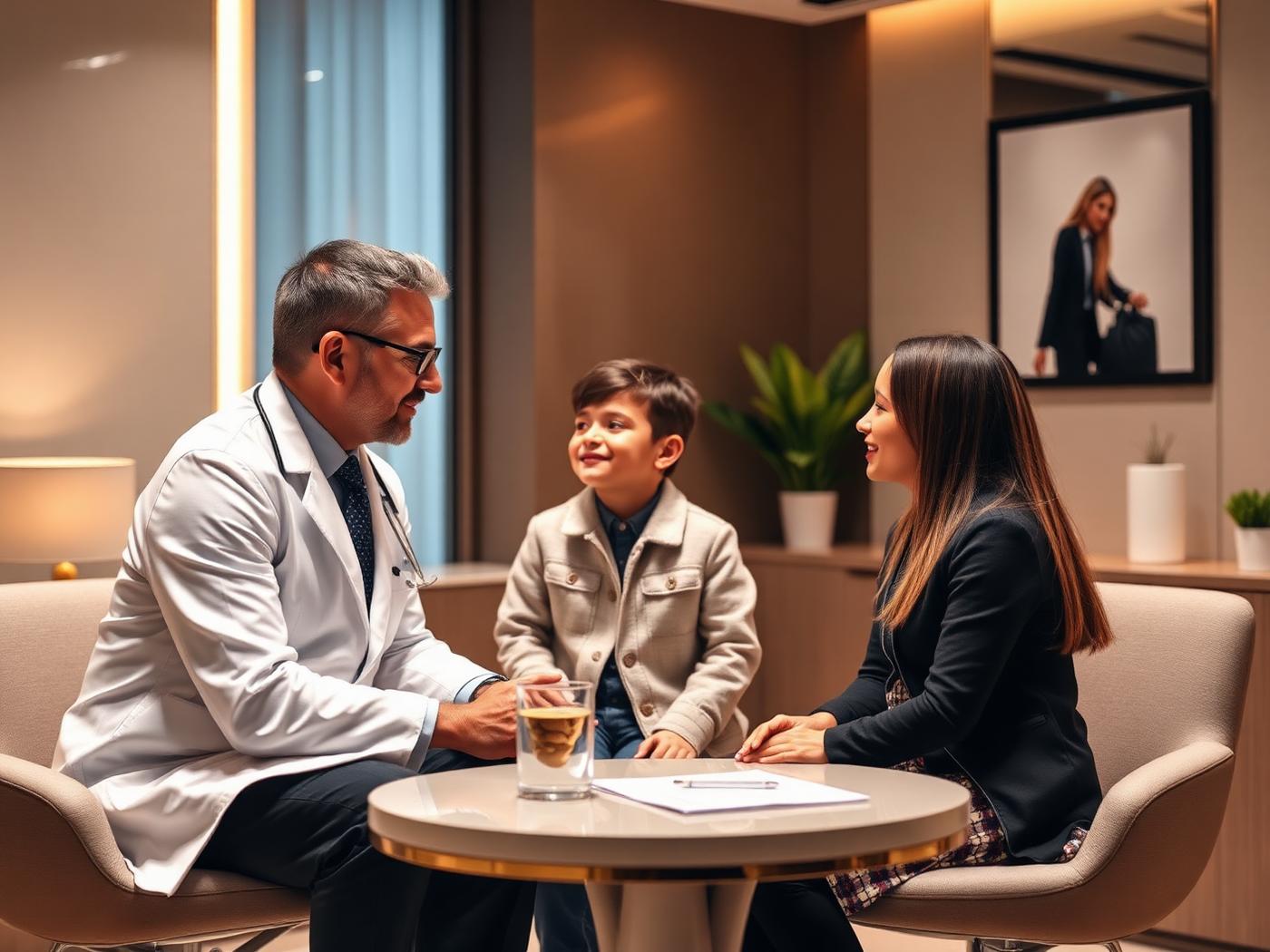 Doctor discussing regenerative support for neuroinflammation with a family in a premium autism clinic