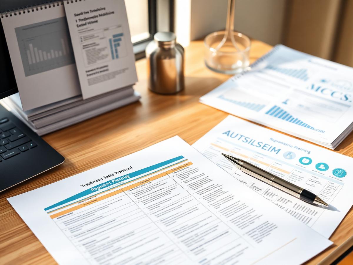 Specialist reviewing autism-related biological markers and treatment planning documents during a personalized consultation