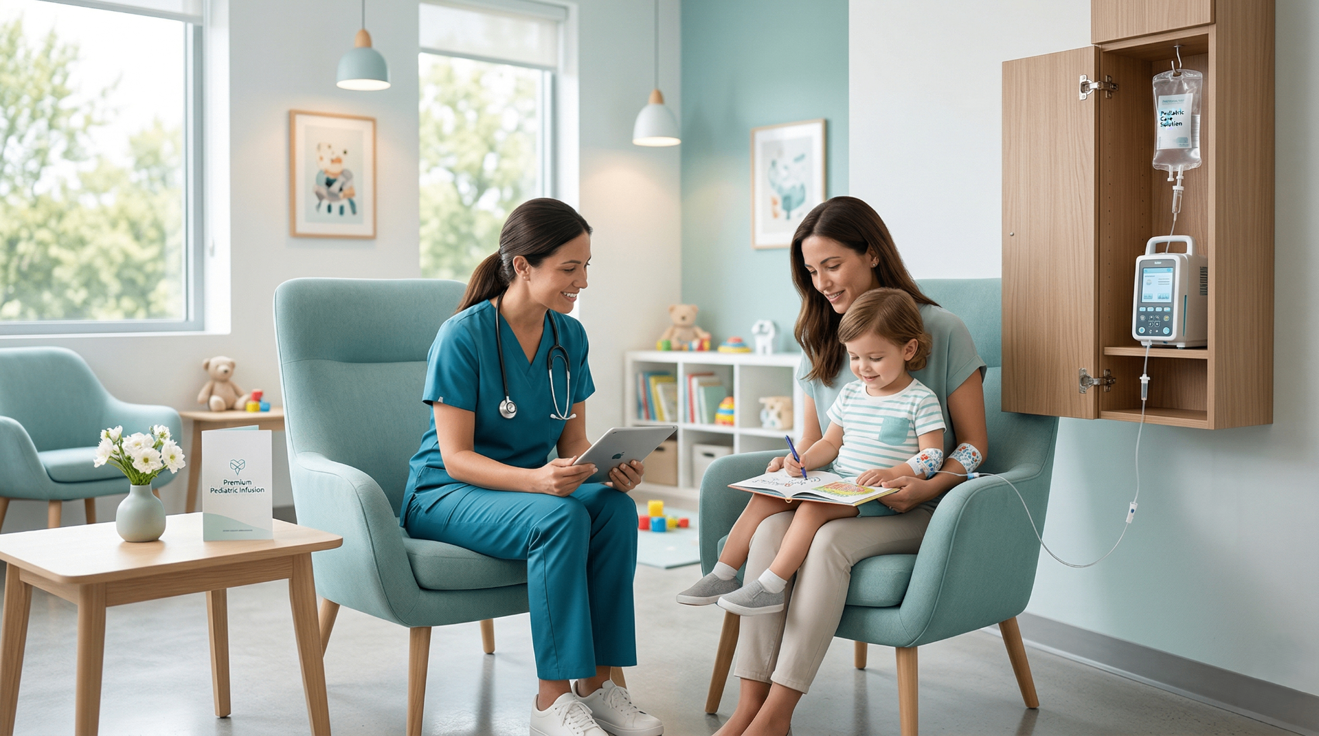 Premium pediatric infusion room with doctor and family consultation in elegant clinic setting