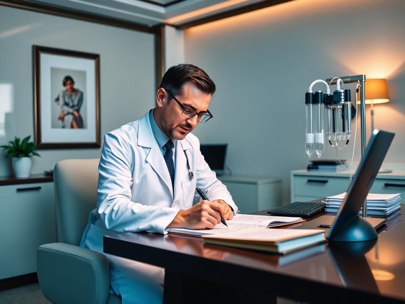 Doctor preparing a customized supportive IV therapy plan in a premium autism treatment clinic