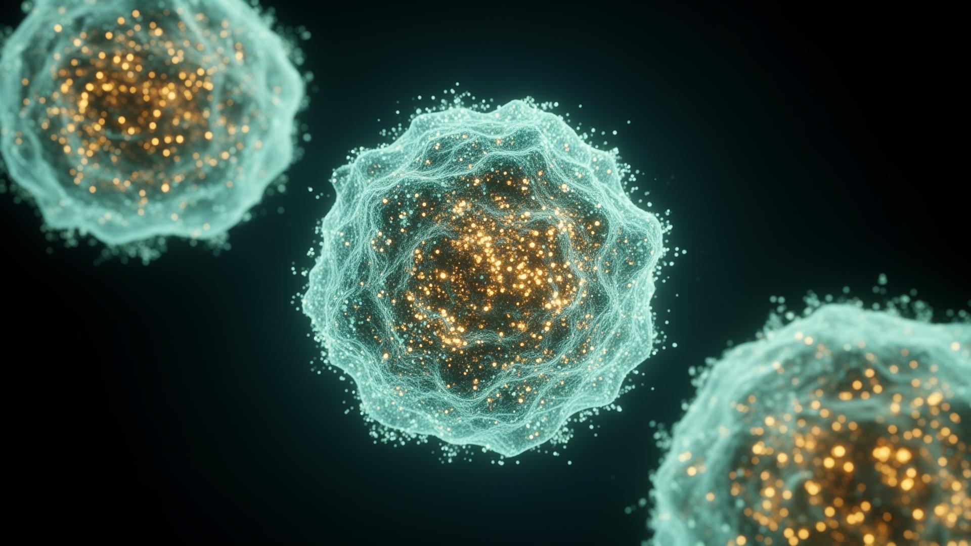Scientific illustration of Wharton's Jelly mesenchymal stem cells releasing paracrine signaling factors