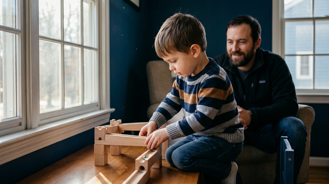 Un niño, absorto, construye un circuito de canicas de madera mientras su padre lo observa