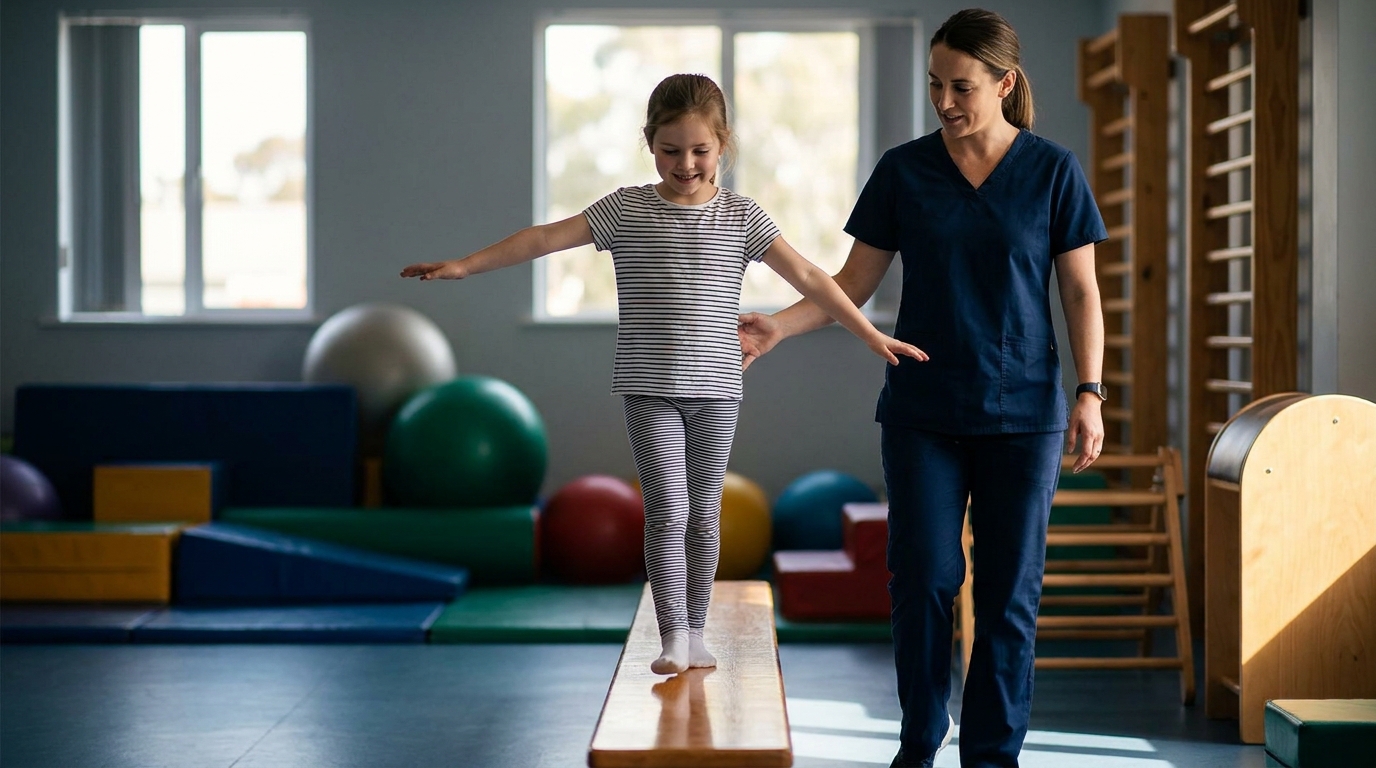 Una niña camina en equilibrio sobre una viga baja en un gimnasio terapéutico, con un fisioterapeuta a su lado