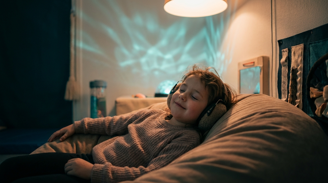 Una niña se relaja en un puf con auriculares de reducción de ruido en una sala de luz suave adaptada a la sensibilidad sensorial