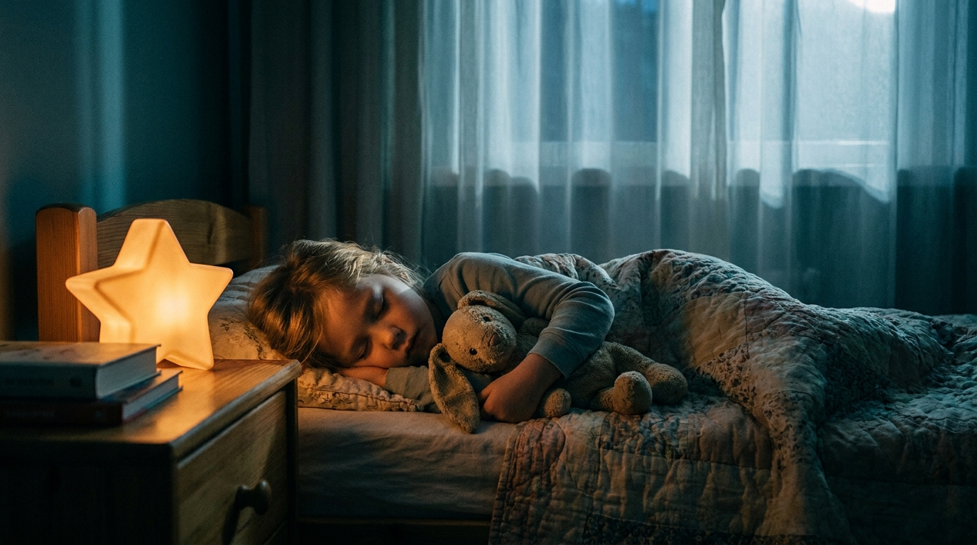 Un niño duerme plácidamente abrazado a un conejo de peluche junto a una cálida lamparita con forma de estrella