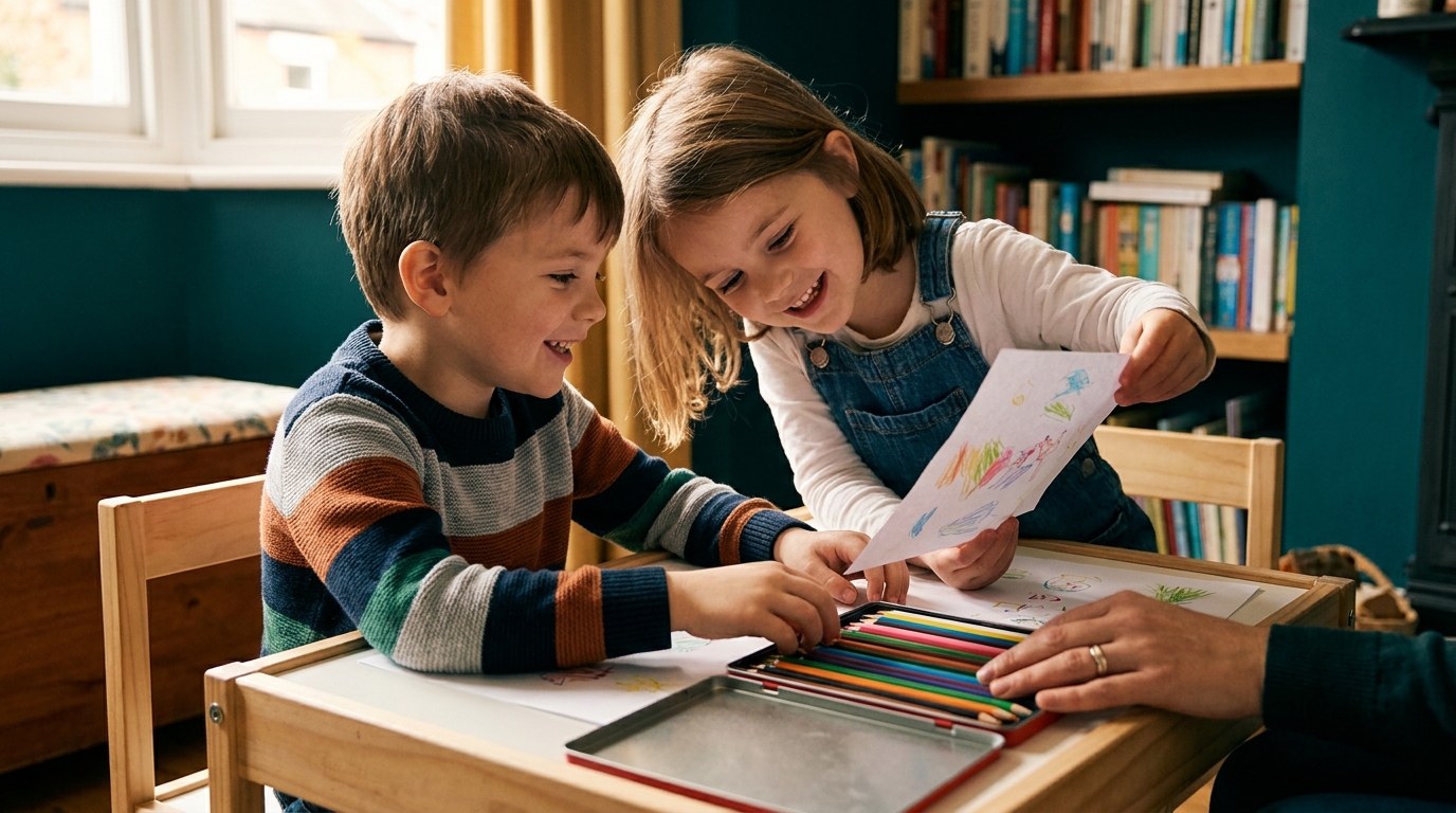 Dos niños dibujan uno junto al otro en una mesa baja; una de ellas le enseña su dibujo al otro