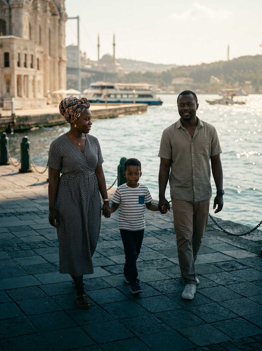 Una familia pasea por un paseo marítimo de Estambul; su hijo pequeño va de la mano de ambos padres