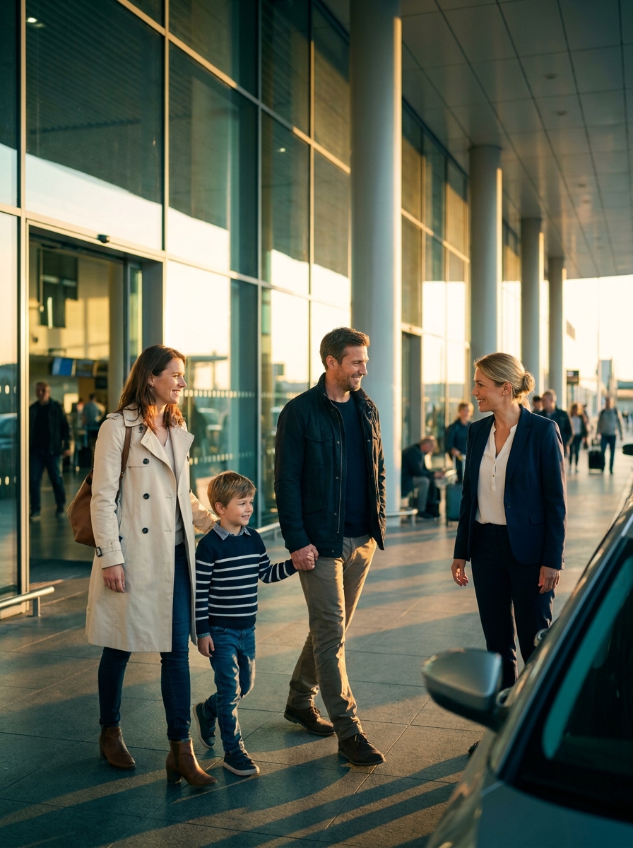 Una familia con su hijo pequeño sale de la sala de llegadas del aeropuerto de Estambul, donde les recibe un coordinador de pacientes