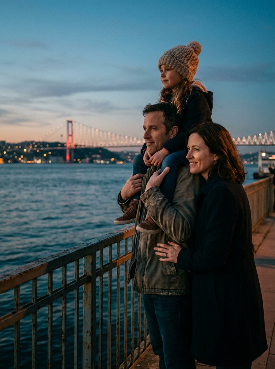 Un padre lleva a su hija a hombros junto a la madre, en una barandilla del Bósforo al atardecer, con el puente del Bósforo iluminado al fondo