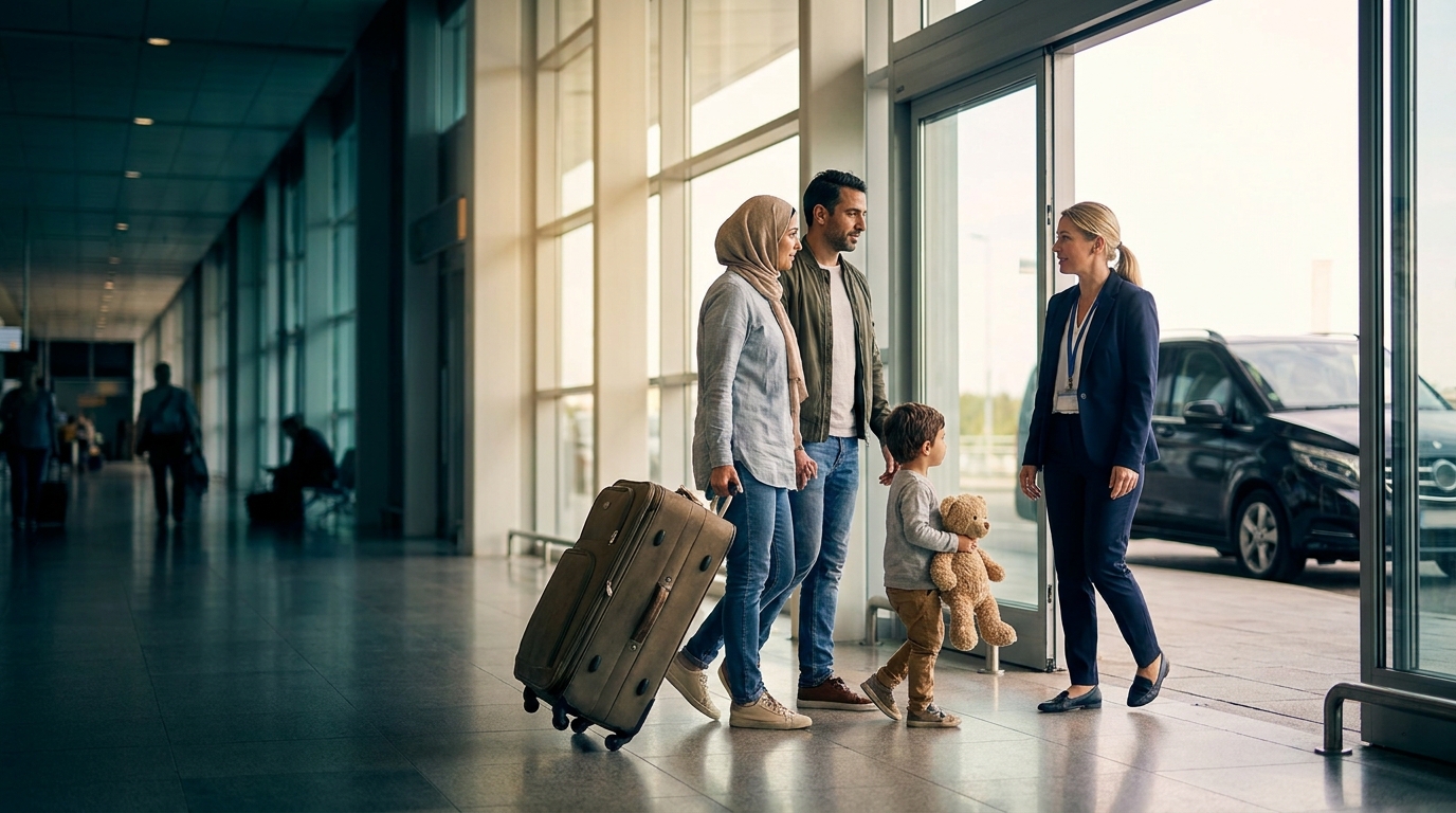 Un coordinador de pacientes acompaña a una familia por el pasillo de llegadas del aeropuerto de Estambul hacia la furgoneta de traslado que les espera